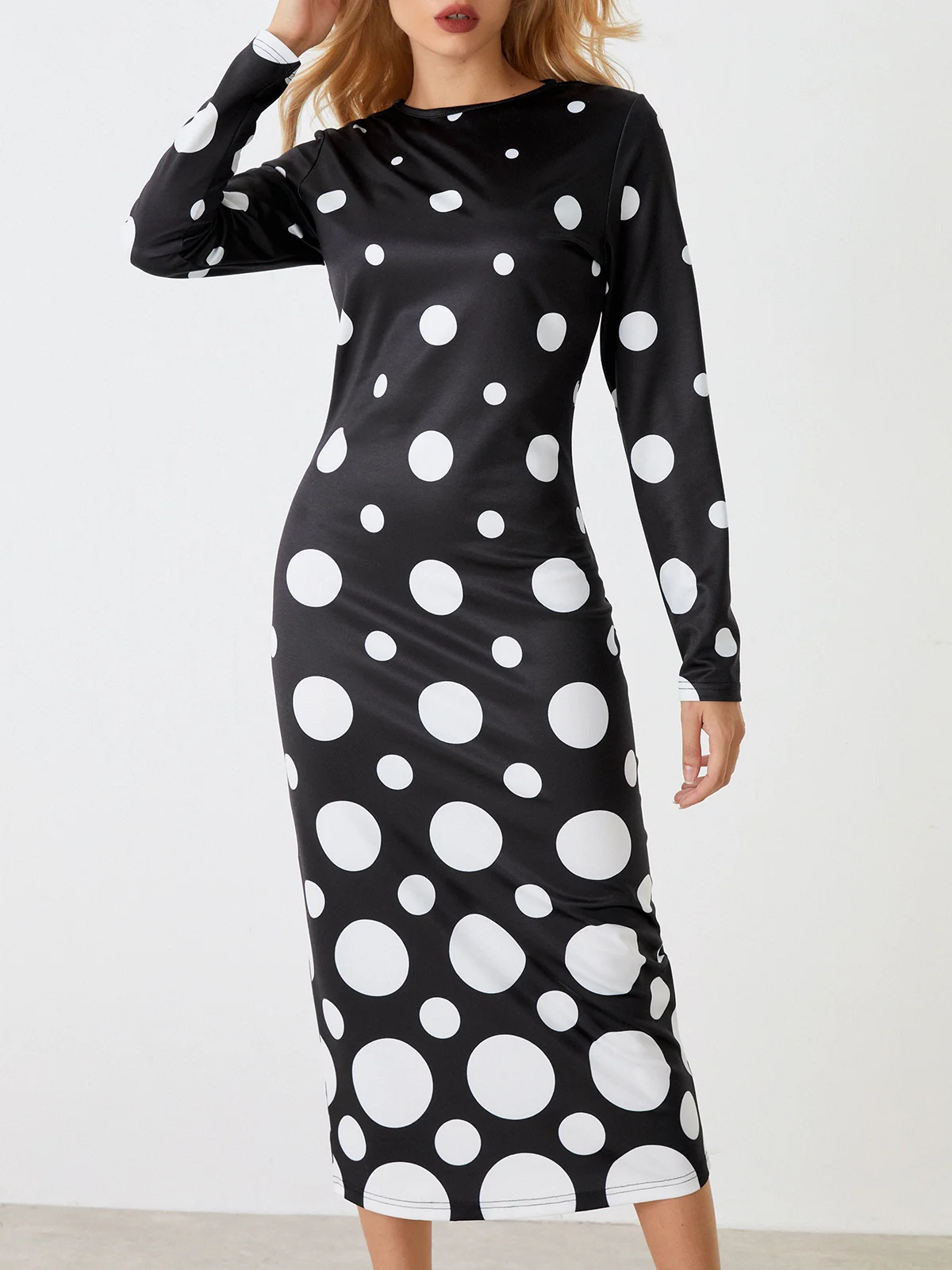 Polka Dots Herbst Elegant Täglich Langarm U-Boot-Ausschnitt S-Linie Regelmäßig Regelmäßig Größe Kleider für Damen