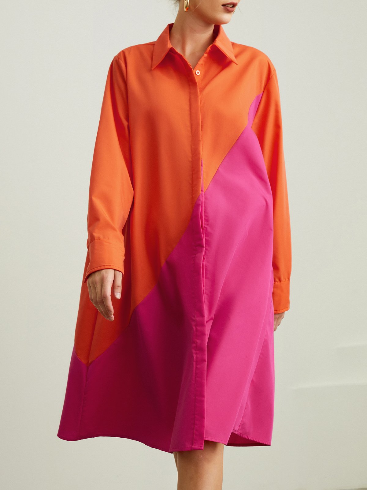 Midi Langarm Regelmäßige Passform Farbblock Hemdkragen Kleid