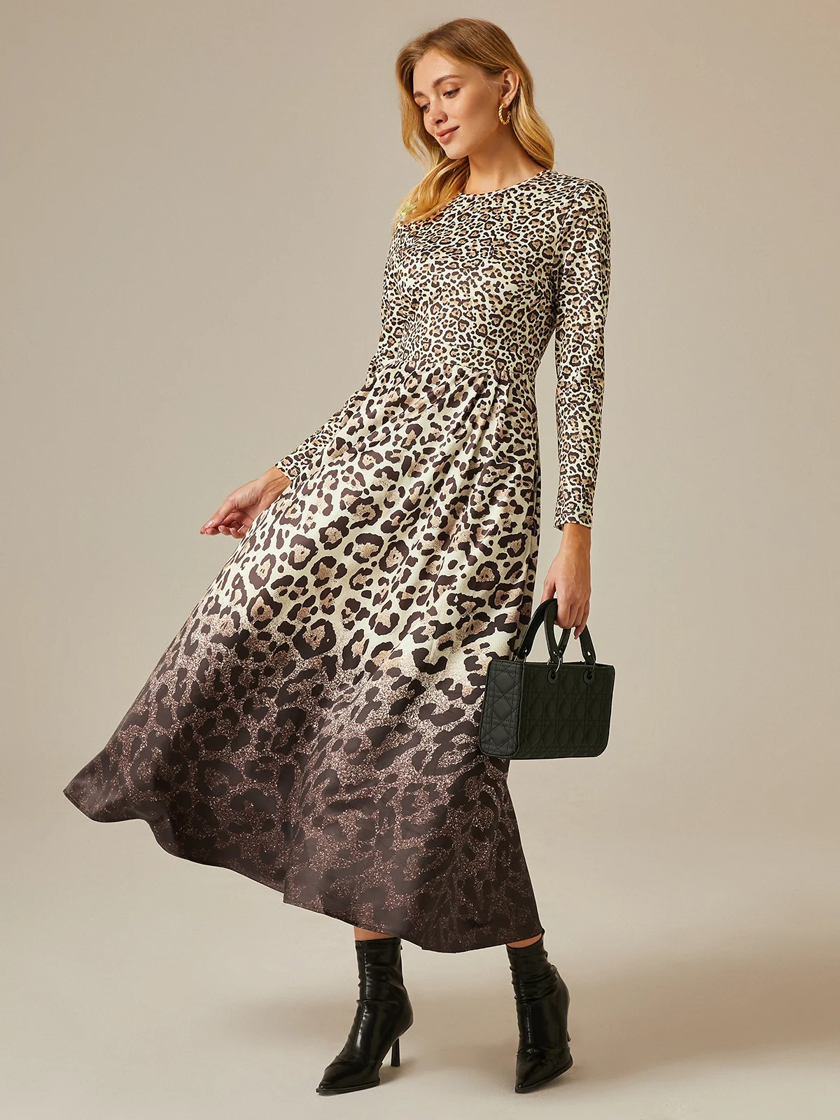 Leopard  Print Urban Regelmäßige Passform Taschen Rundhals Kleid