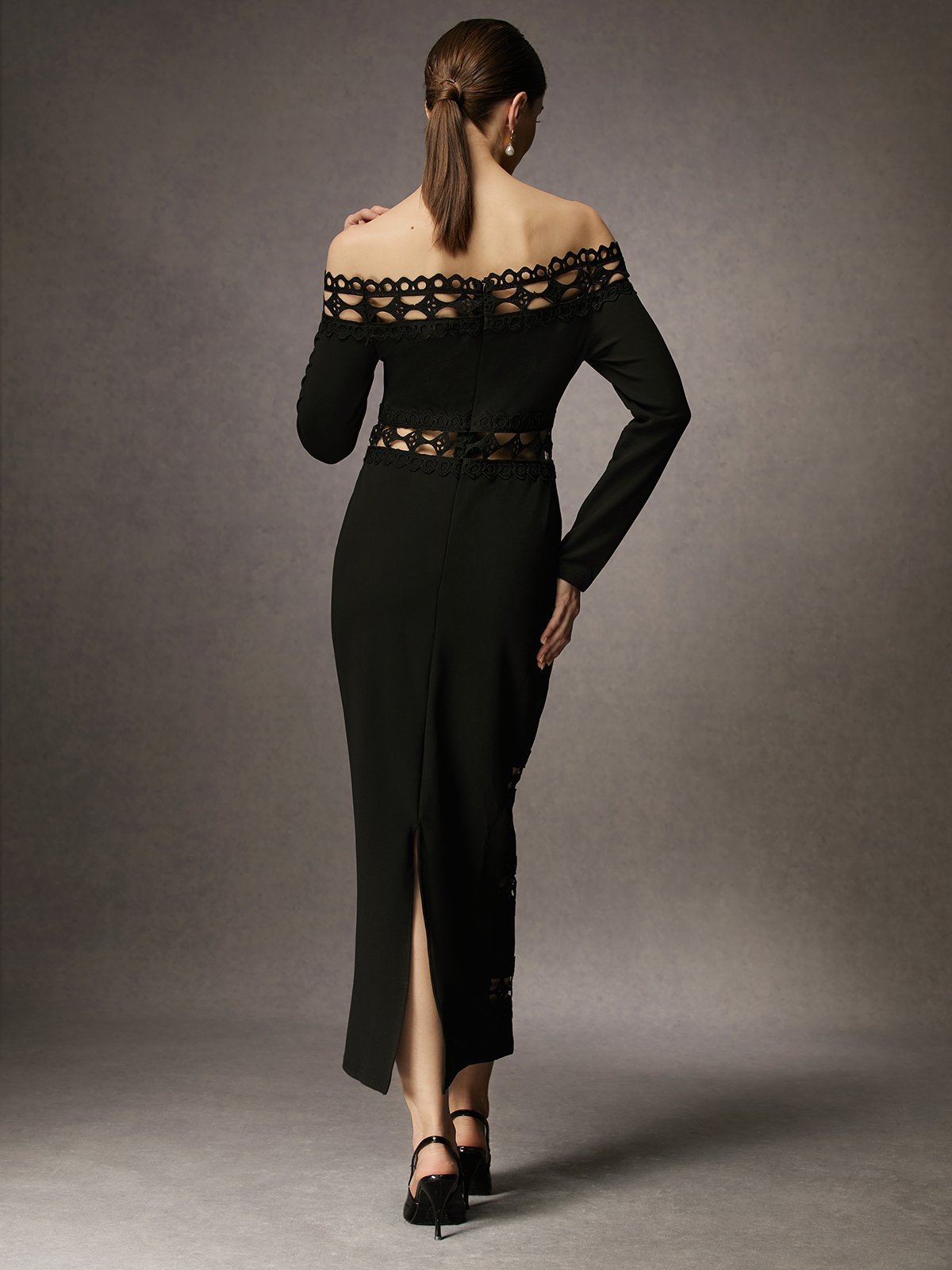 Elegant Unifarben Regelmäßige Passform Langarm Spitzenrand Kleid