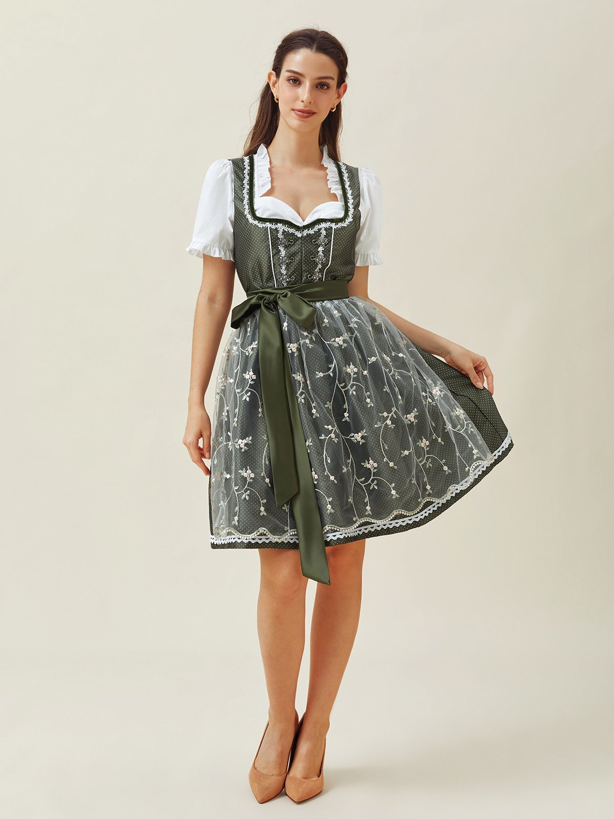 Elegant Spitze V-Ausschnitt Kurzarm Polka Dots Dirndl Kleid drei St.