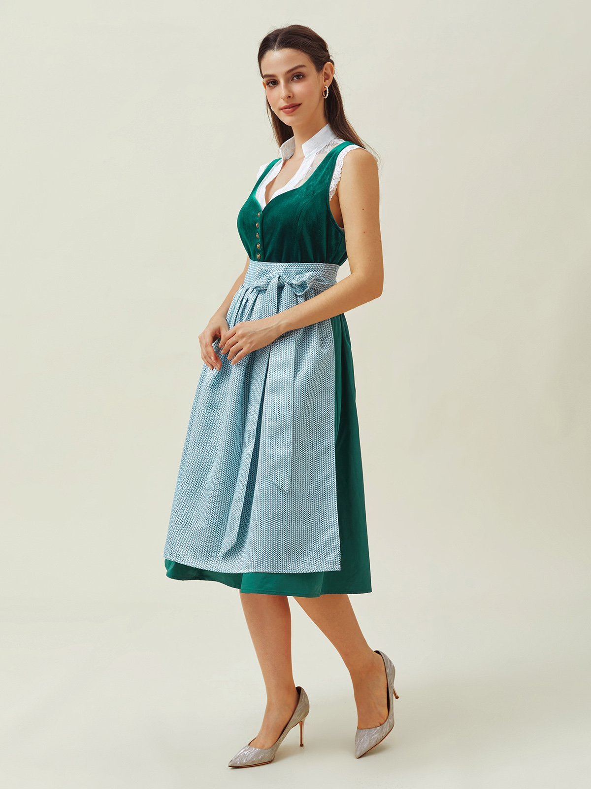 V-Ausschnitt Samt Geknöpft Elegant Dirndl Kleid drei St.