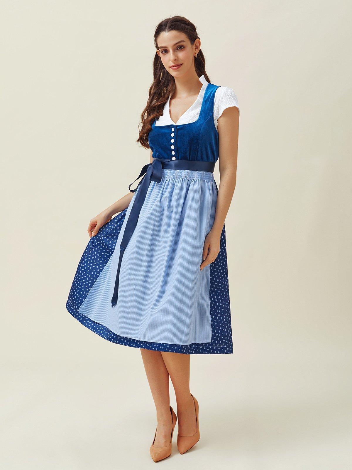 Elegant Samt V-Ausschnitt Kurzarm Spitze Dirndl Kleid drei St.