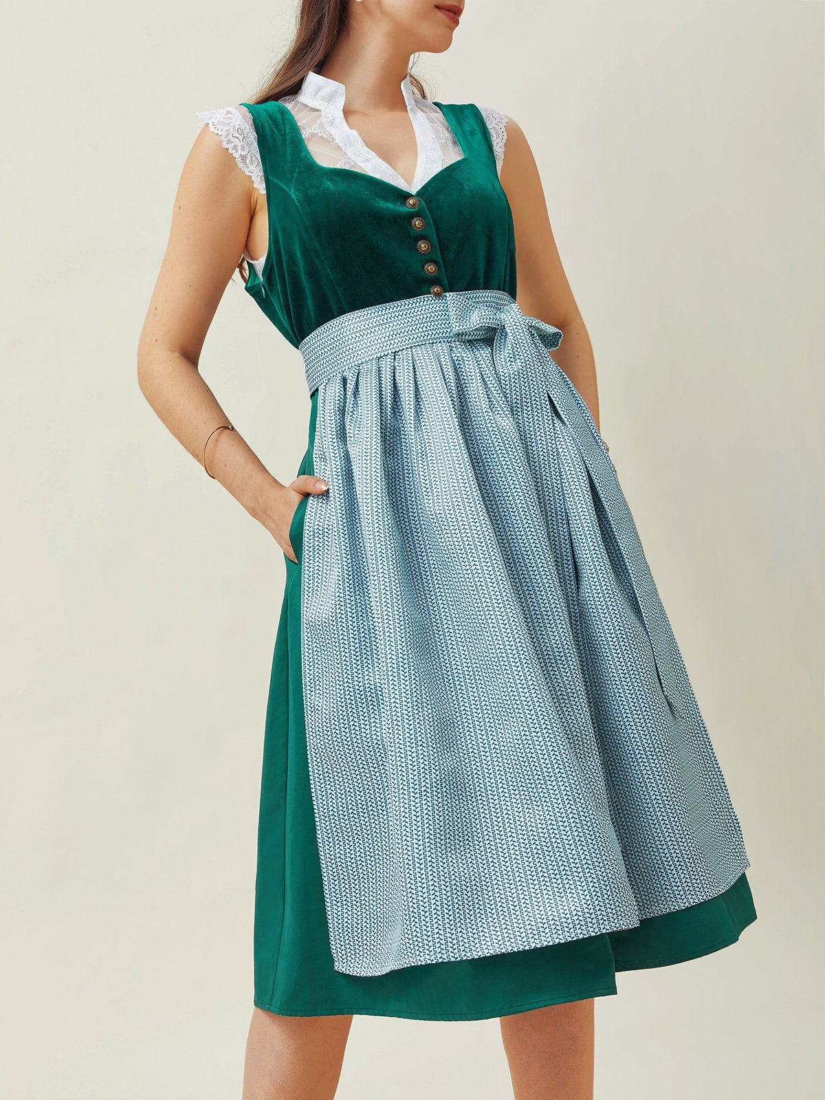 V-Ausschnitt Samt Geknöpft Elegant Dirndl Kleid drei St.