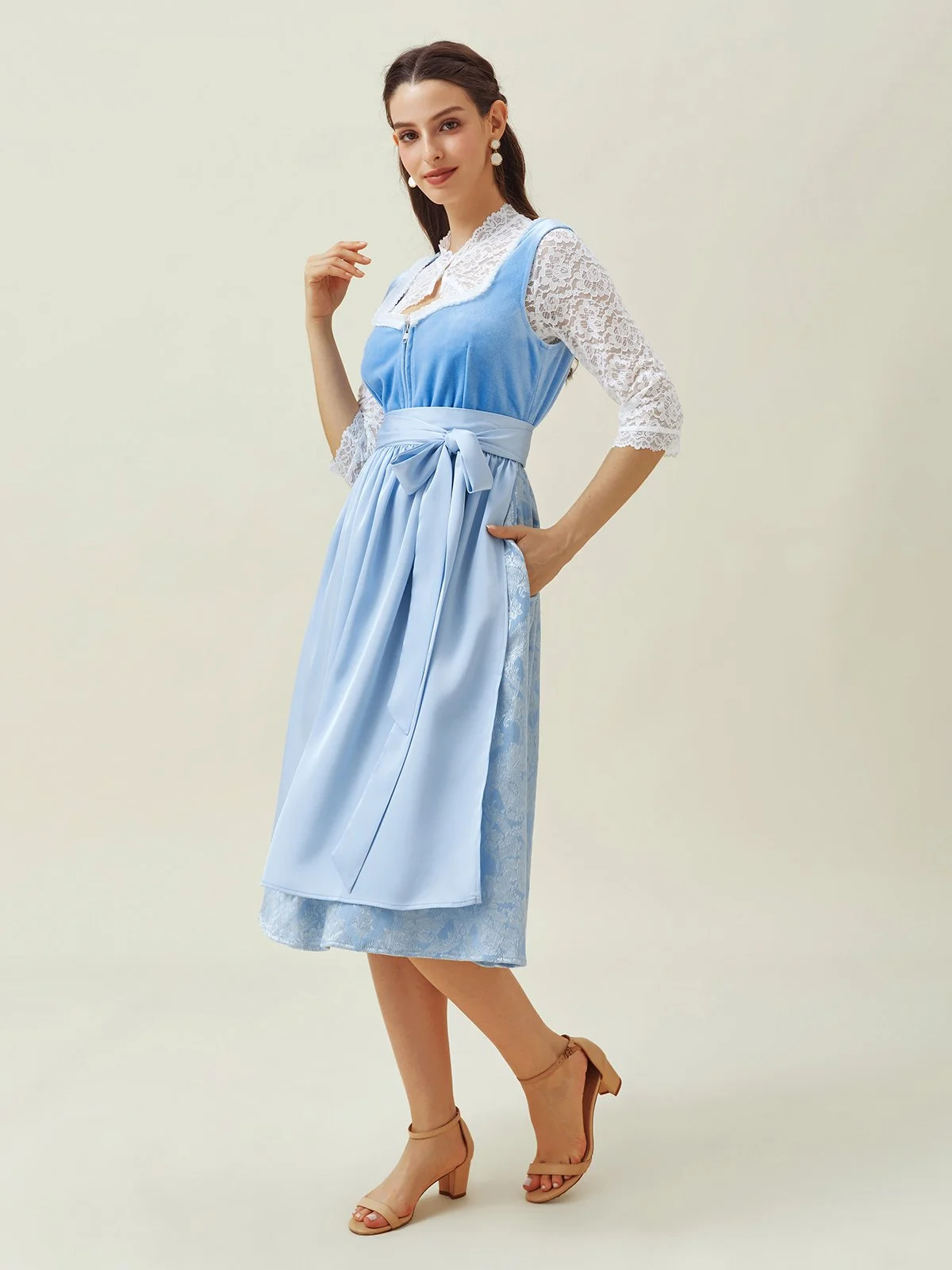 Elegant Samt Spitze Geblümt Dirndl Kleid drei St.