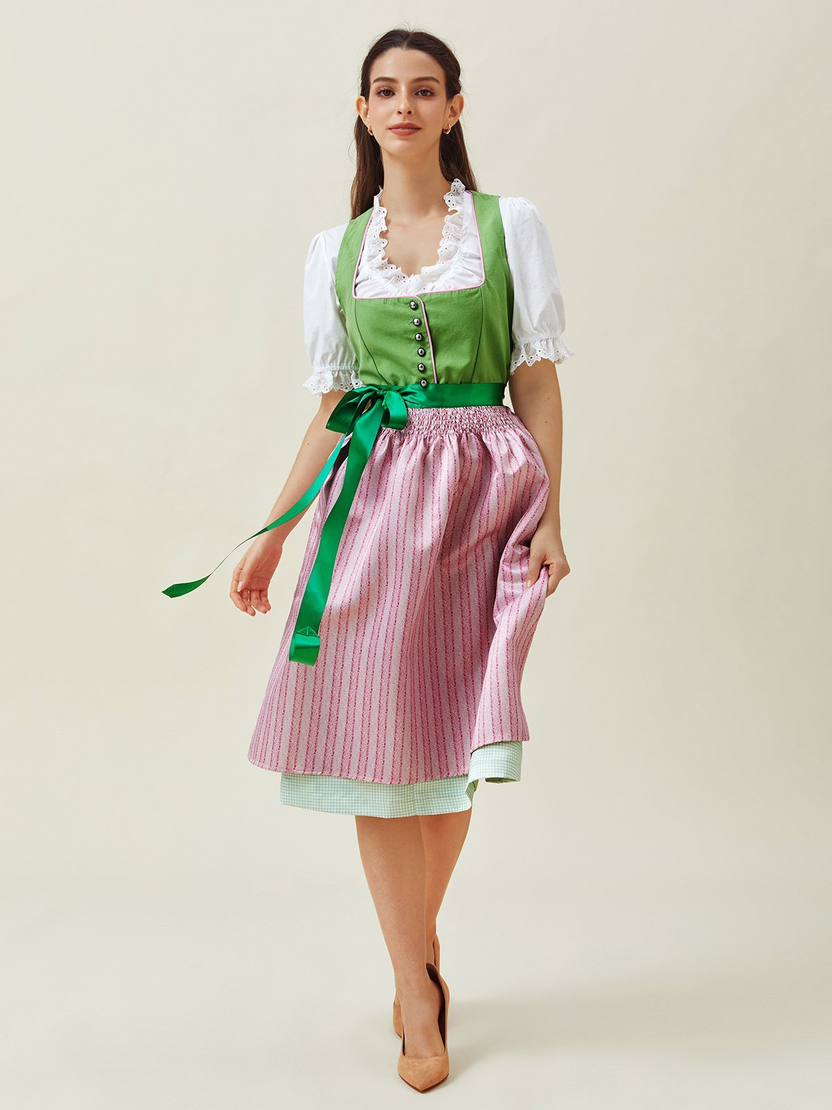 Elegant V-Ausschnitt Schnürung Farbblock Dirndl Kleid drei St.