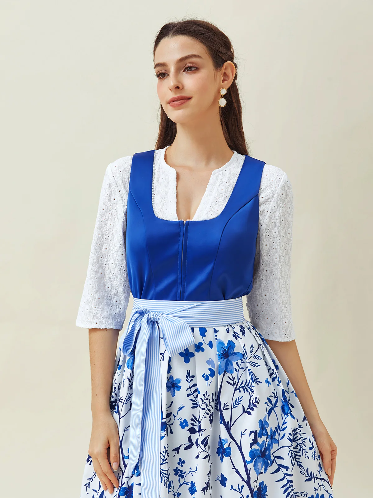 Elegant V-Ausschnitt Schnürung Geblümt  Dirndl Kleid drei St.