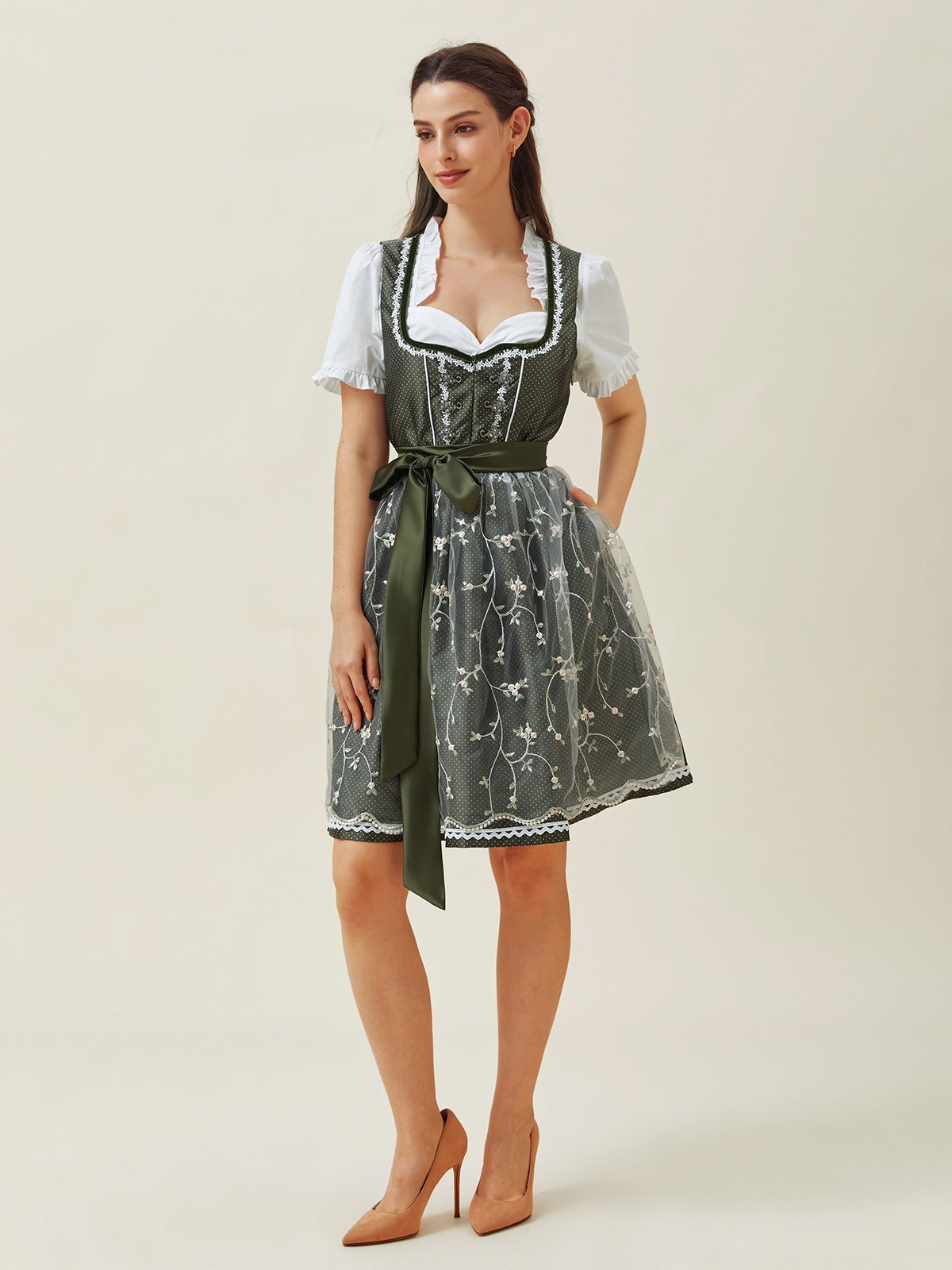 Elegant Spitze V-Ausschnitt Kurzarm Polka Dots Dirndl Kleid drei St.