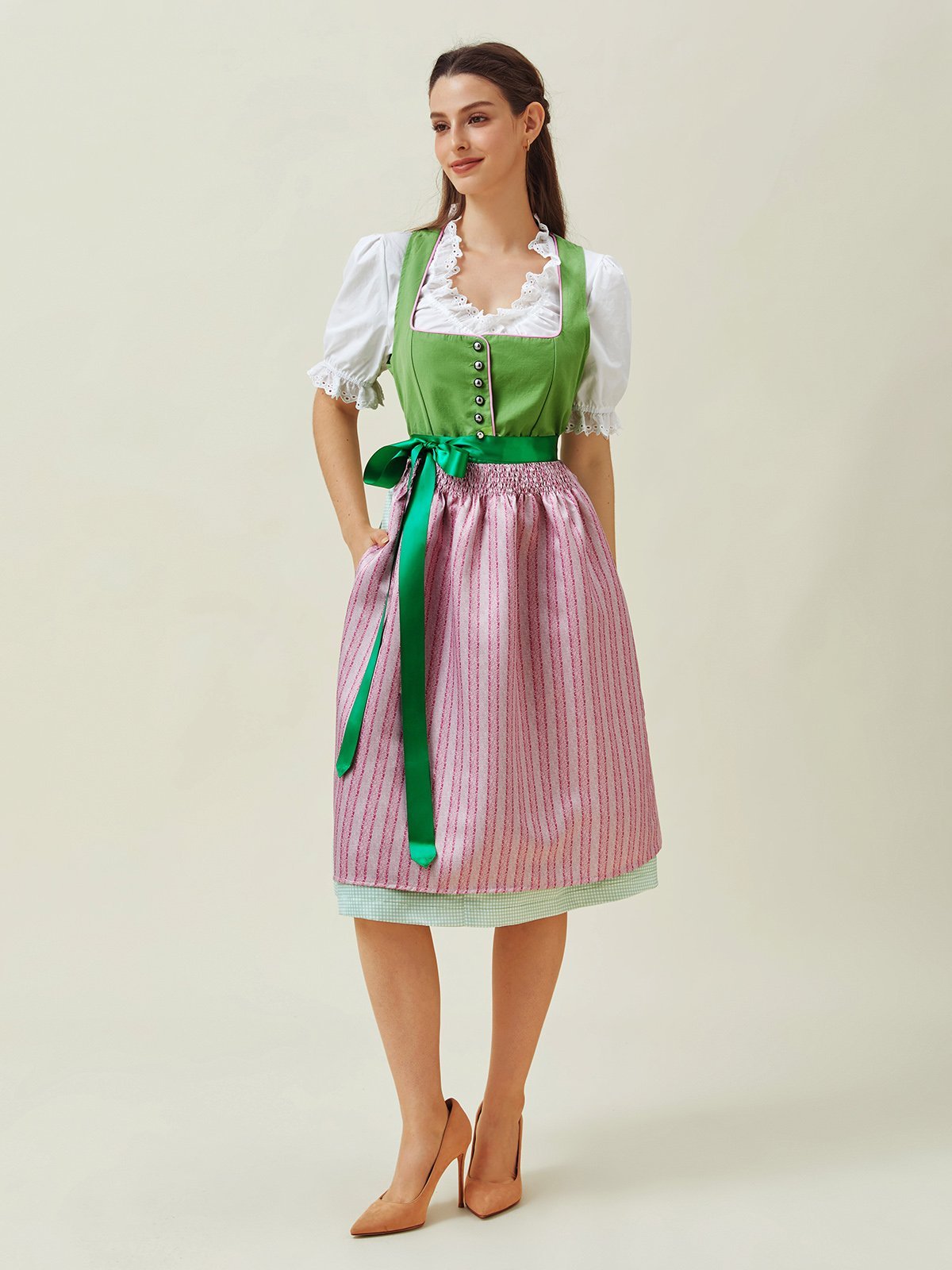 Elegant V-Ausschnitt Schnürung Farbblock Dirndl Kleid drei St.