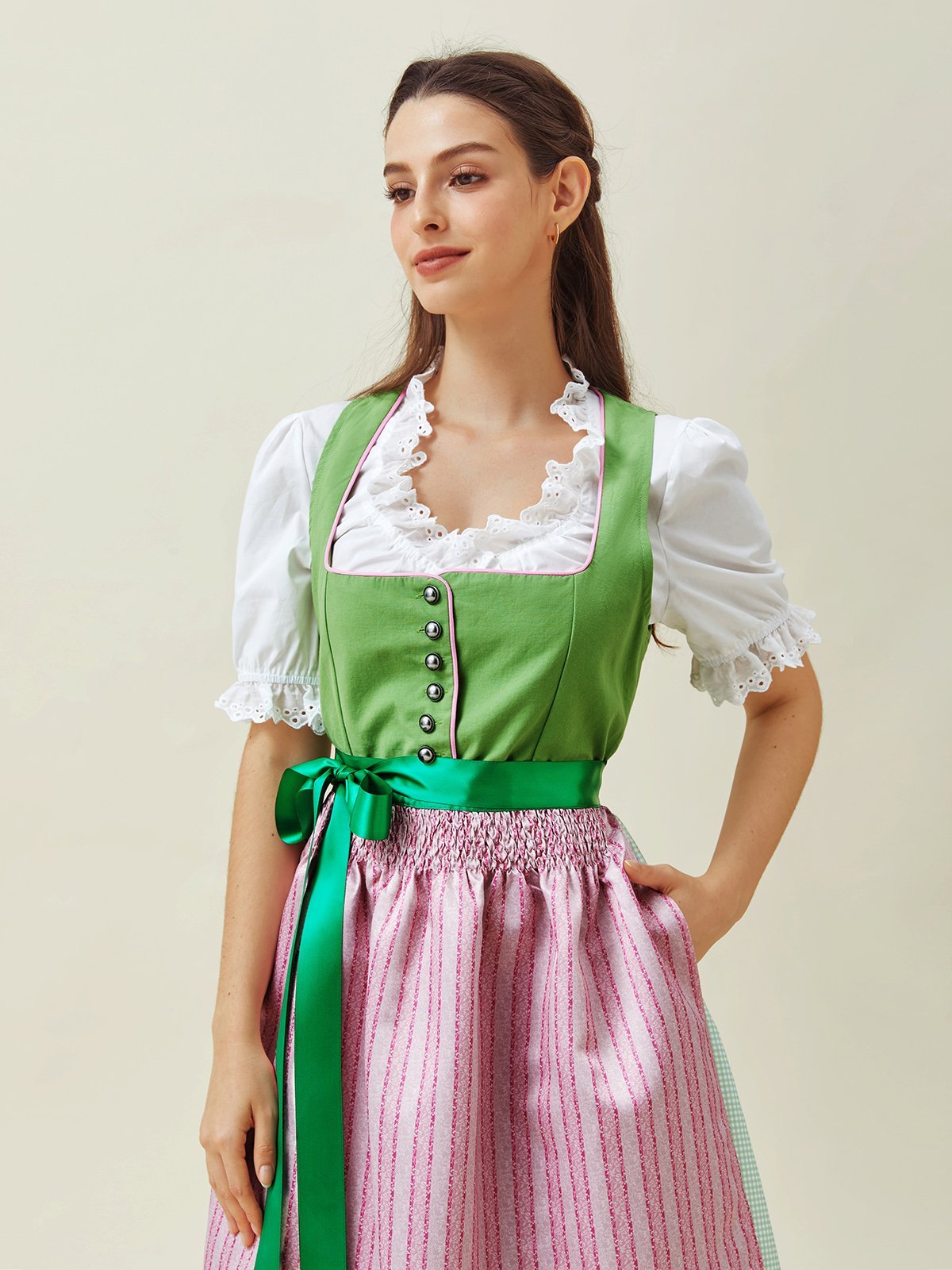 Elegant V-Ausschnitt Schnürung Farbblock Dirndl Kleid drei St.