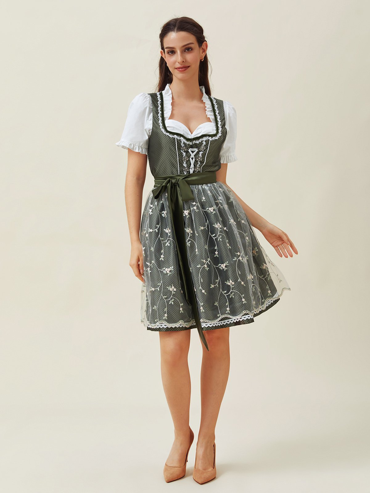 Elegant Spitze V-Ausschnitt Kurzarm Polka Dots Dirndl Kleid drei St.