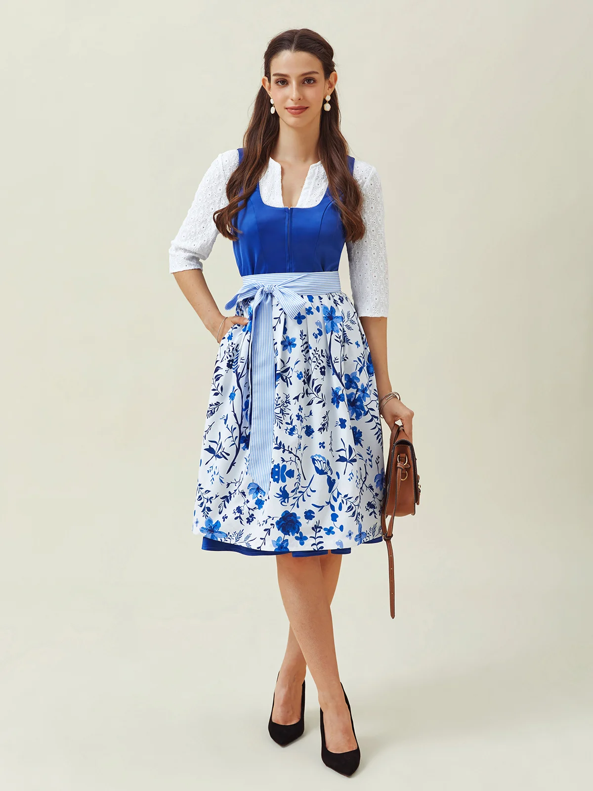 Elegant V-Ausschnitt Schnürung Geblümt  Dirndl Kleid drei St.