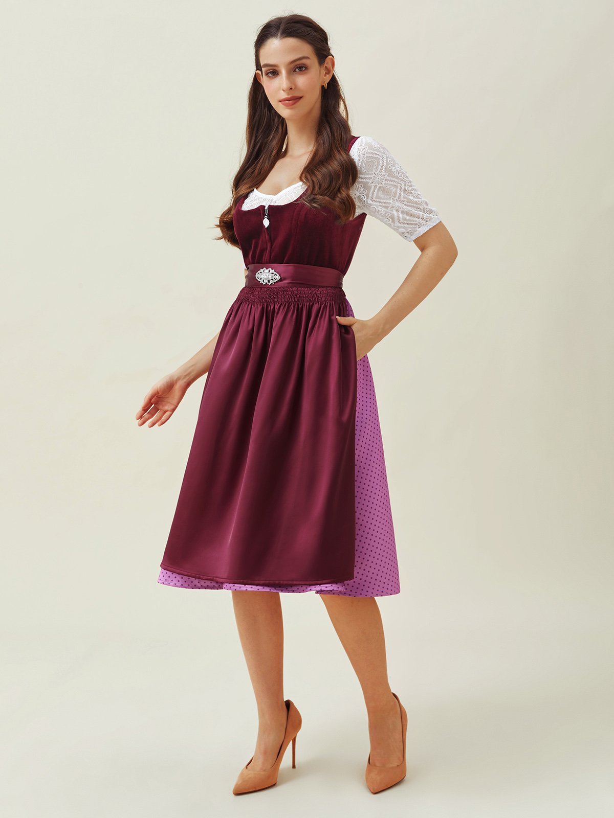 Elegant Samt Polka Dots Dirndl Kleid drei St.