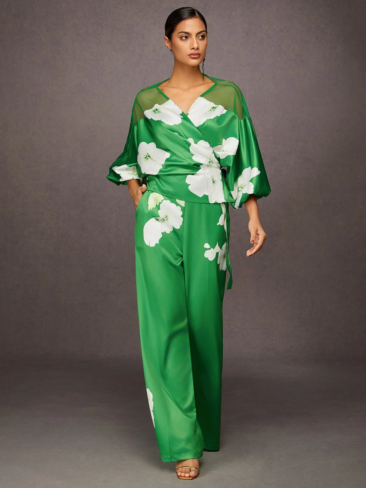 Elegant Geblümt Print V-Ausschnitt Raglanärmel Bluse