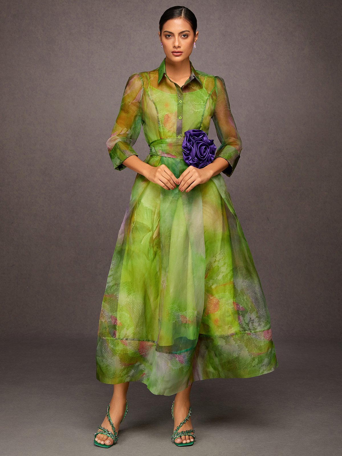 Zufälliger Druck Elegant Maxikleid Mit Geblümt Gürtel