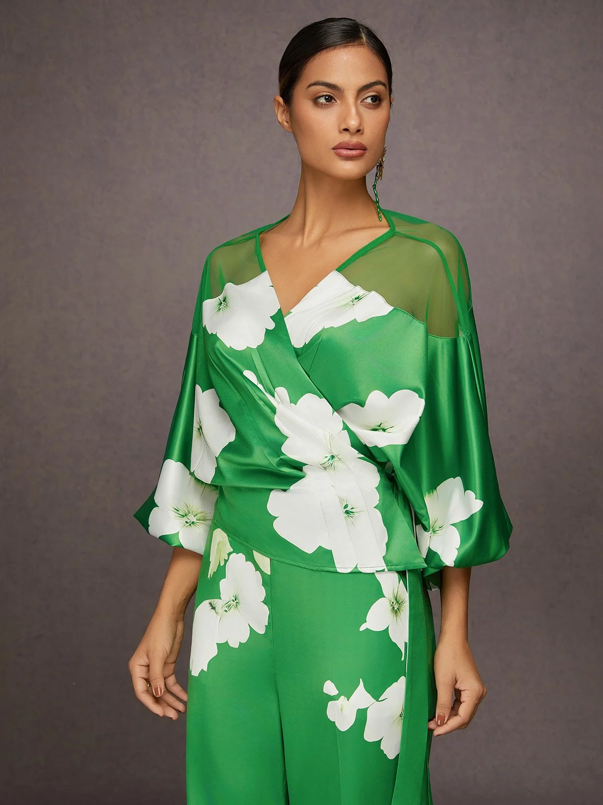 Elegant Geblümt Print V-Ausschnitt Raglanärmel Bluse