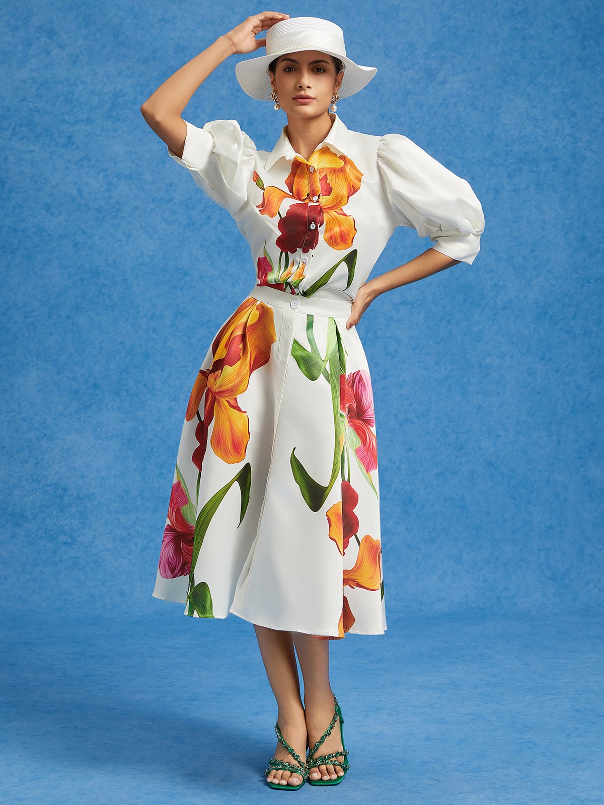 Elegant Geblümt Hemdkragen Ballon-Ärmel Bluse