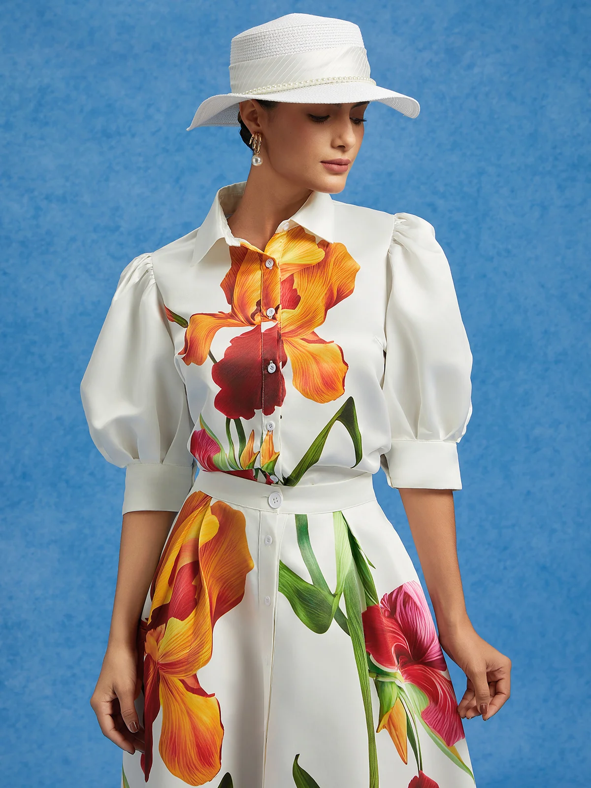 Elegant Geblümt Hemdkragen Ballon-Ärmel Bluse