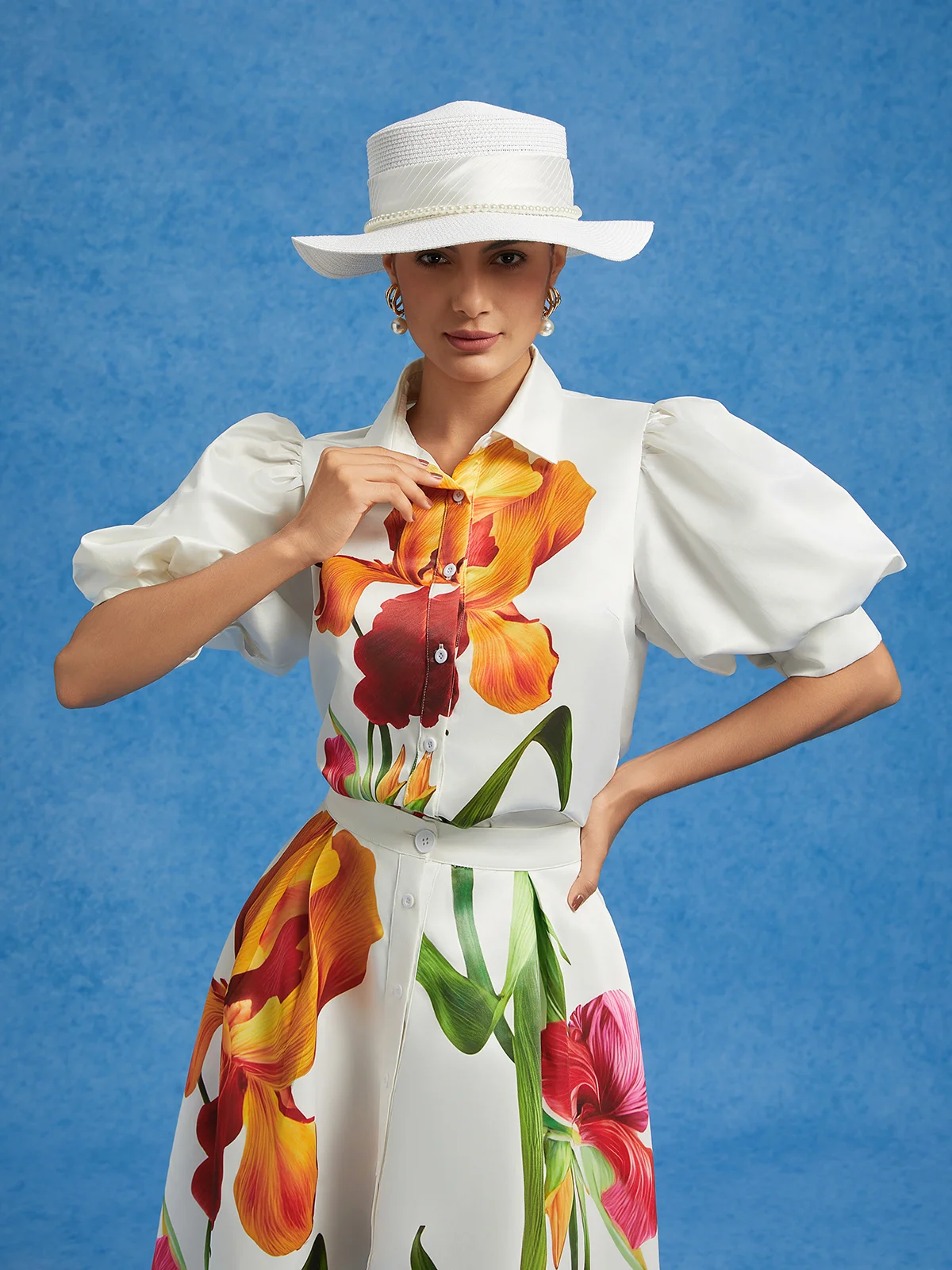 Elegant Geblümt Hemdkragen Ballon-Ärmel Bluse