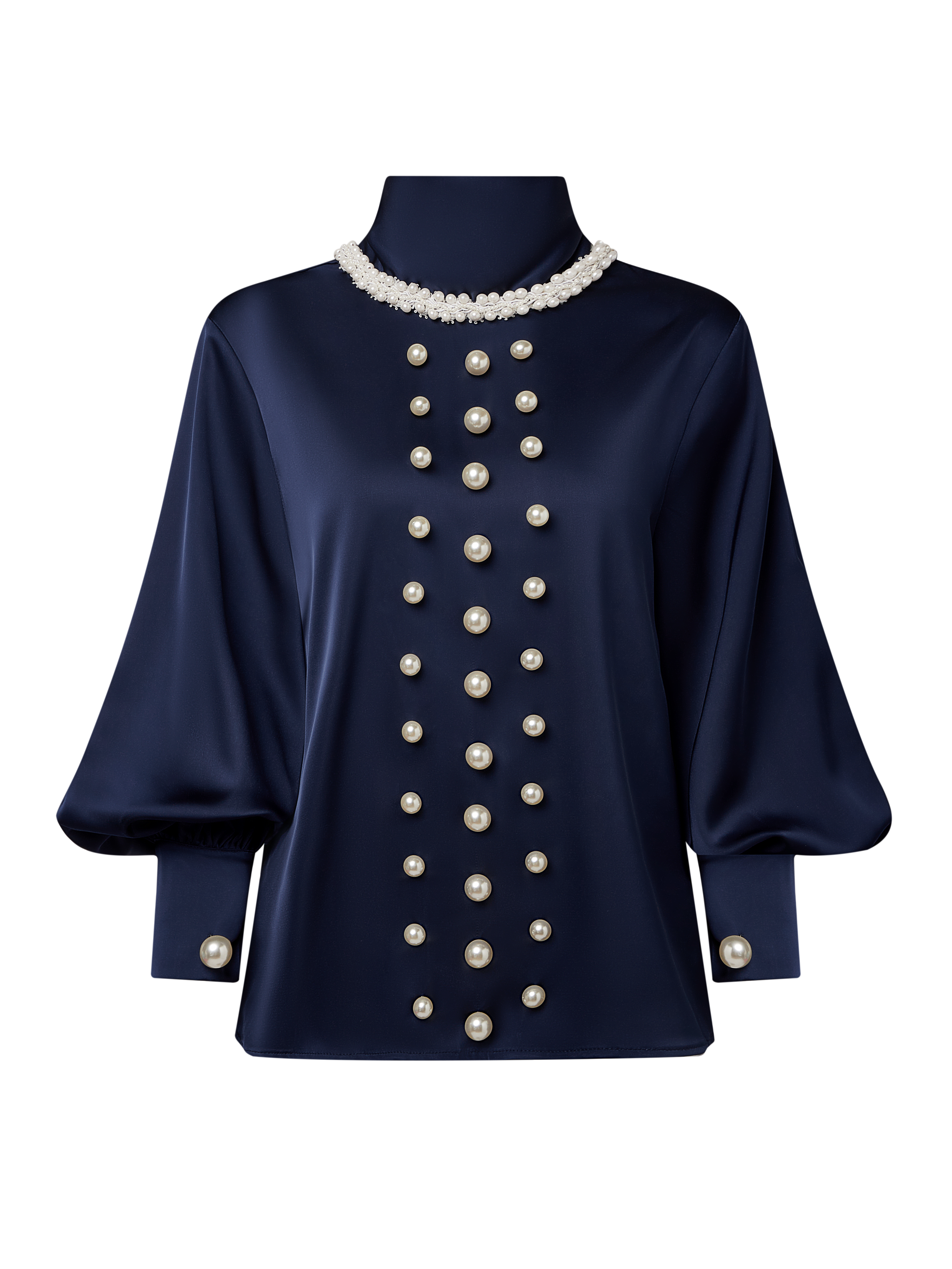 Satin Elegant Unifarben Nachgemachte Perlen Mock Neck Ballon-Ärmel Bluse