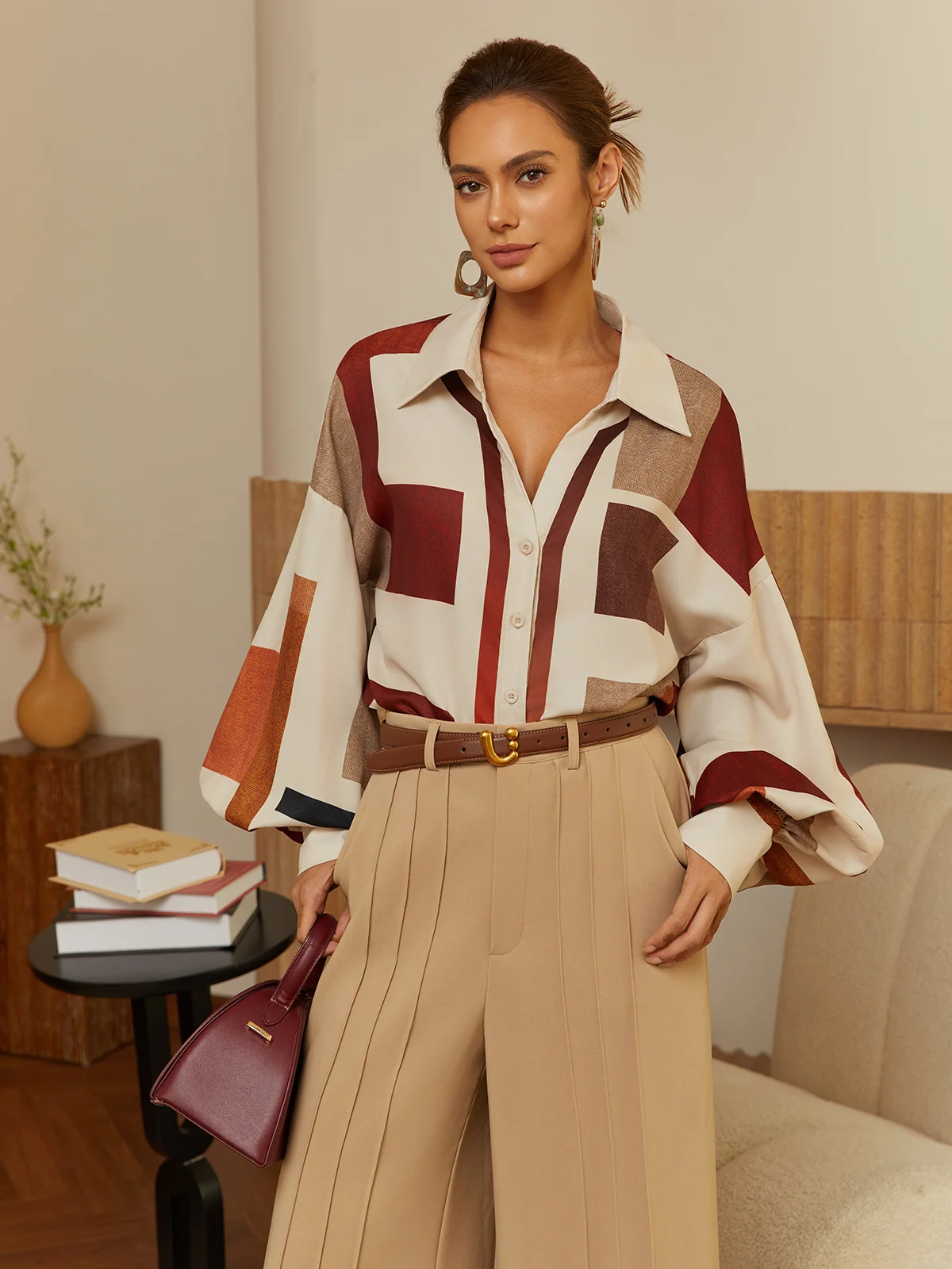 Urban Kariert Schnalle Ballon-Ärmel Bluse