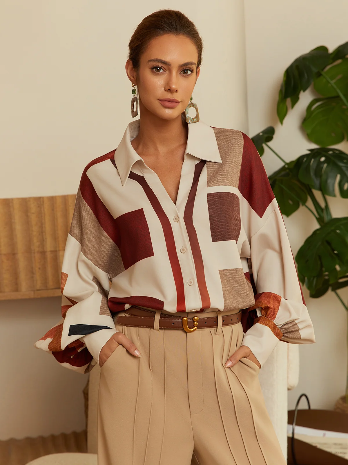 Urban Kariert Schnalle Ballon-Ärmel Bluse