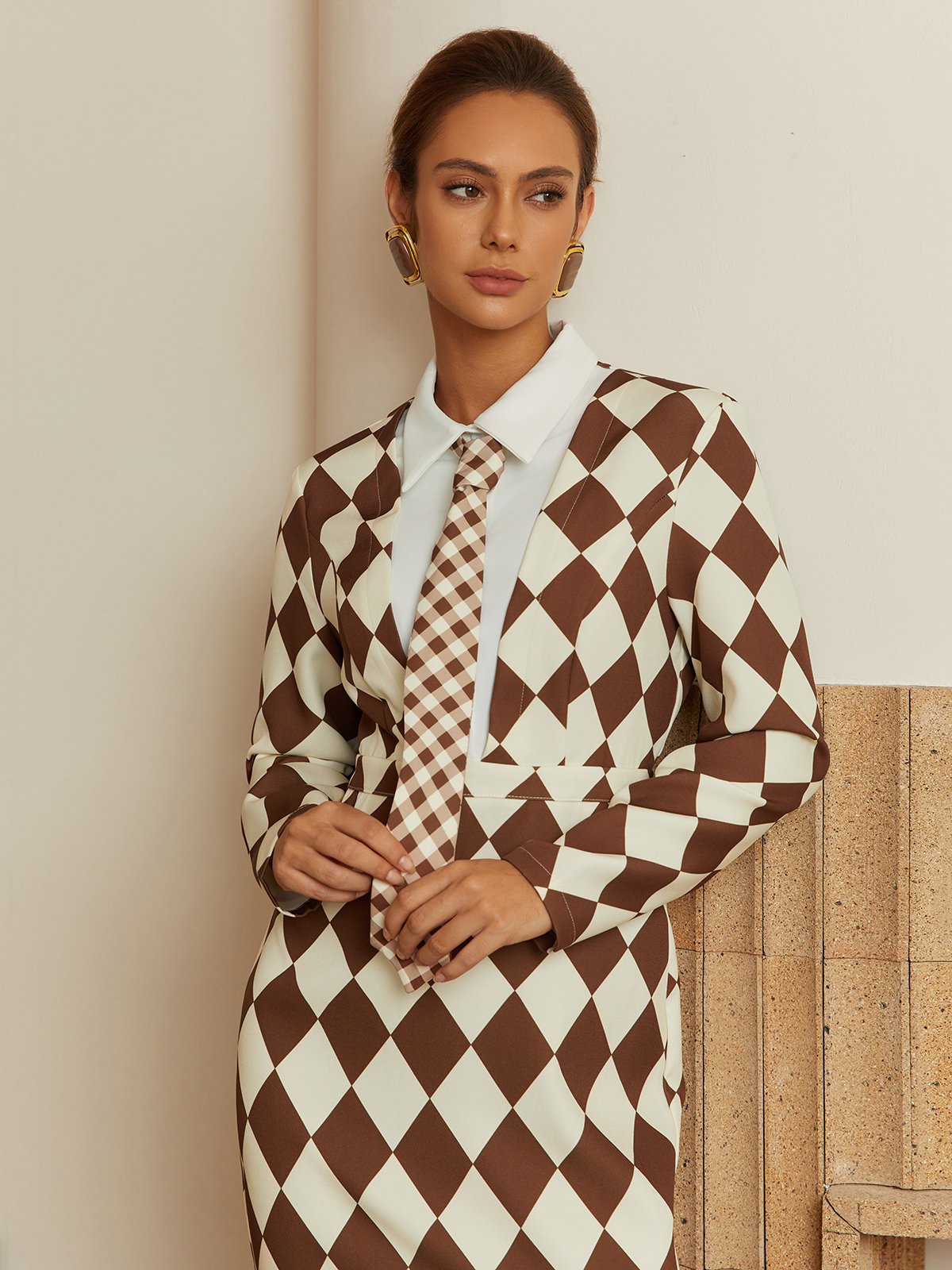 Urban Unifarben Geknöpft Hemdkragen Midikleid Mit Krawatte