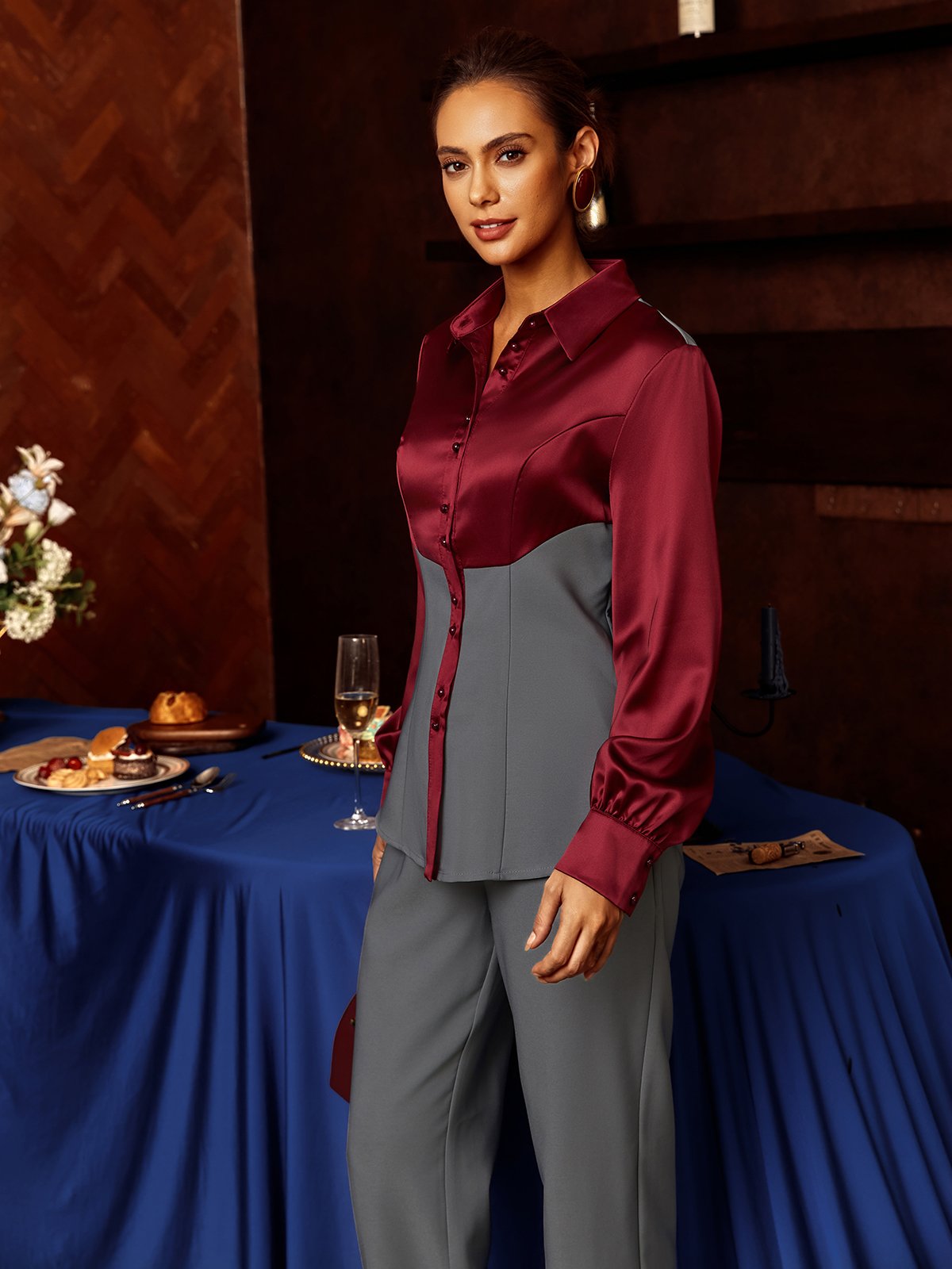 Satin Urban Farbblock Nahtverarbeitung Bluse