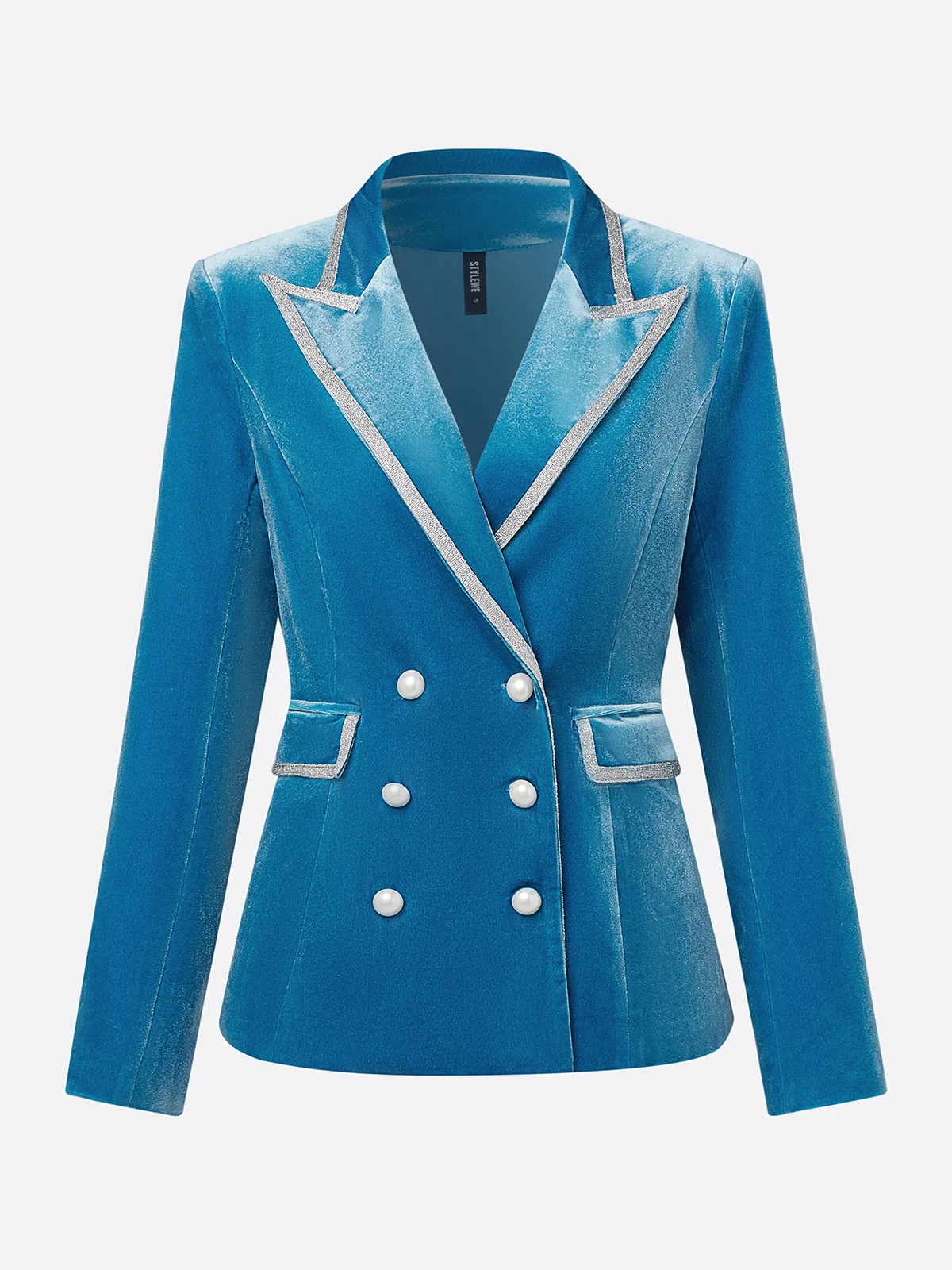 Elegant Reverskragen Samt Geknöpft Rohrleitungen Unifarben Blazer