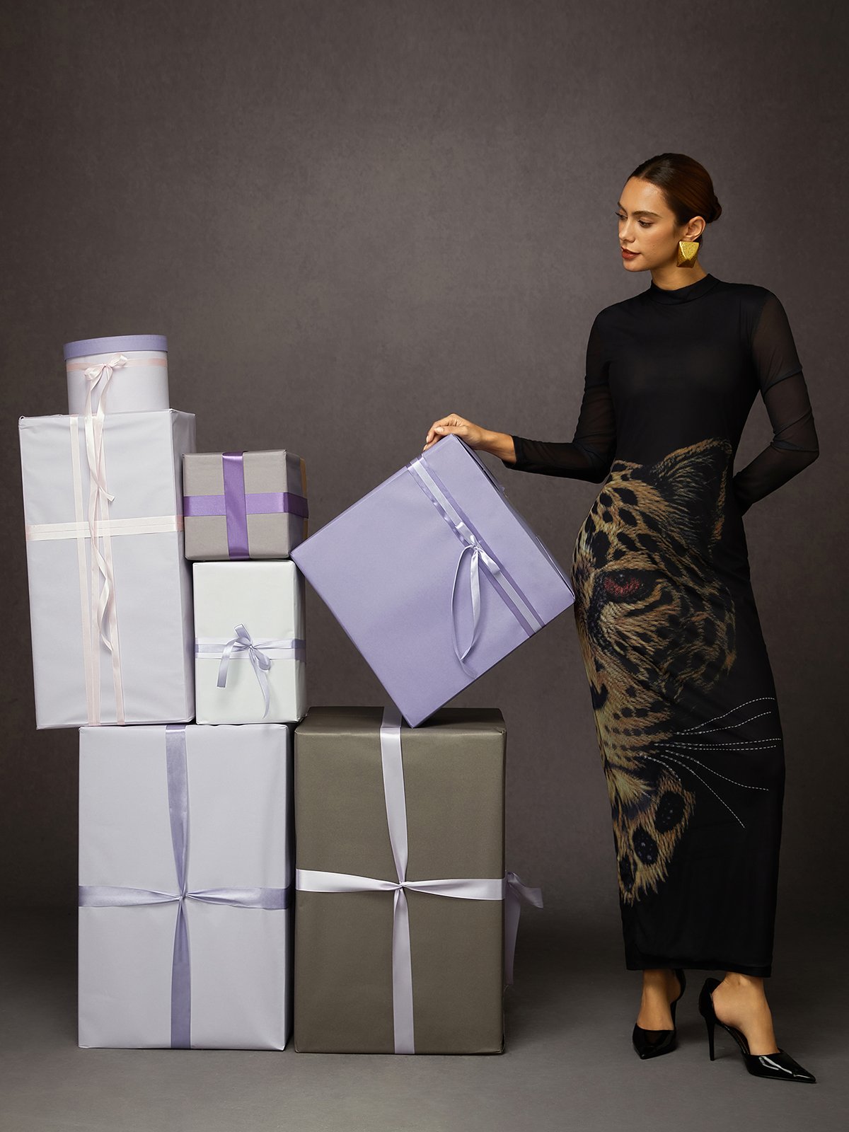 Elegant Tiger Print Stehkragen Maxikleid