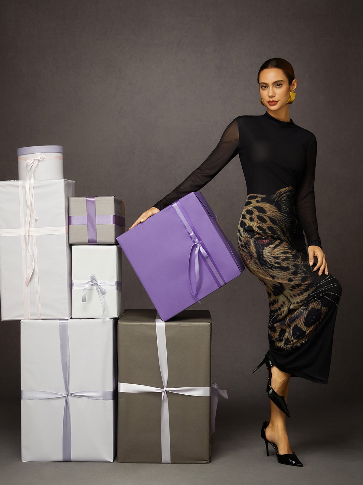 Elegant Tiger Print Stehkragen Maxikleid