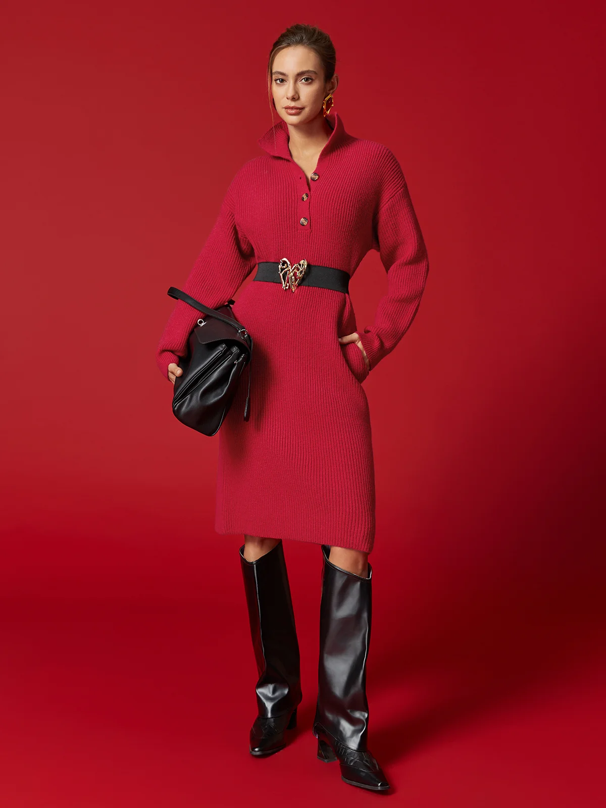 Urban Unifarben Geknöpft Schalkragen Midikleid