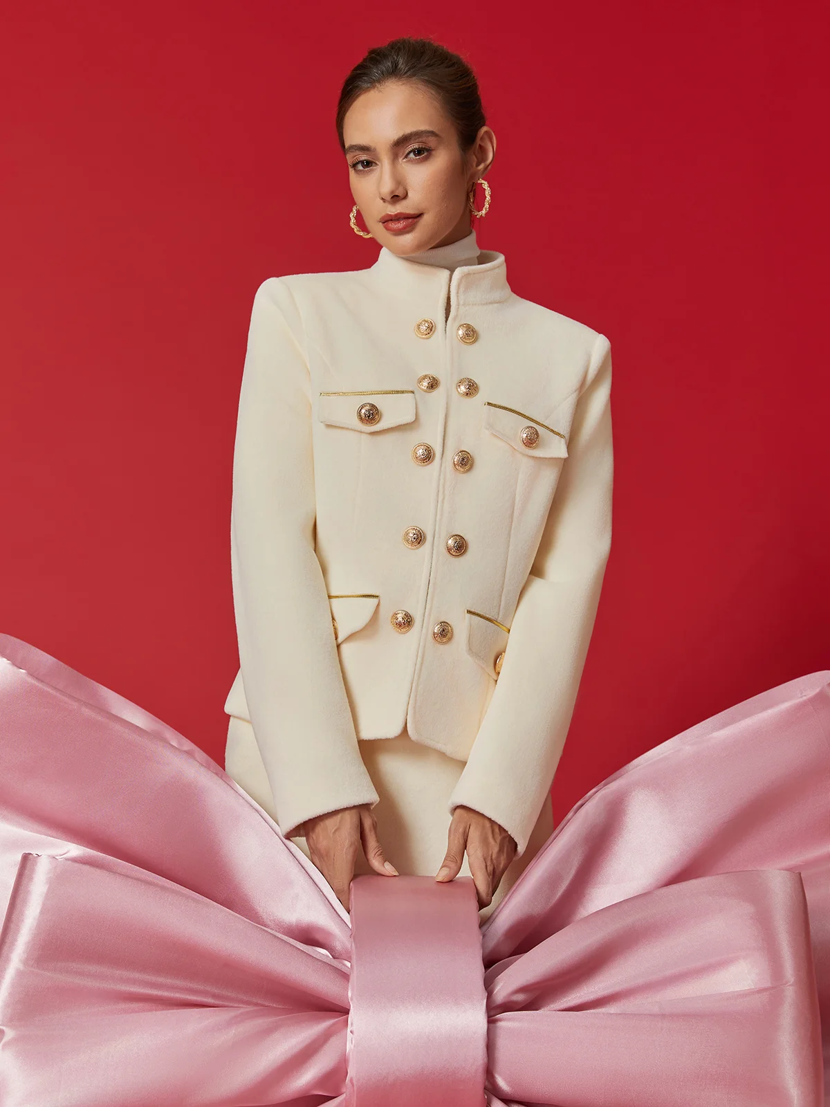 Elegant Unifarben Stehkragen Jacke