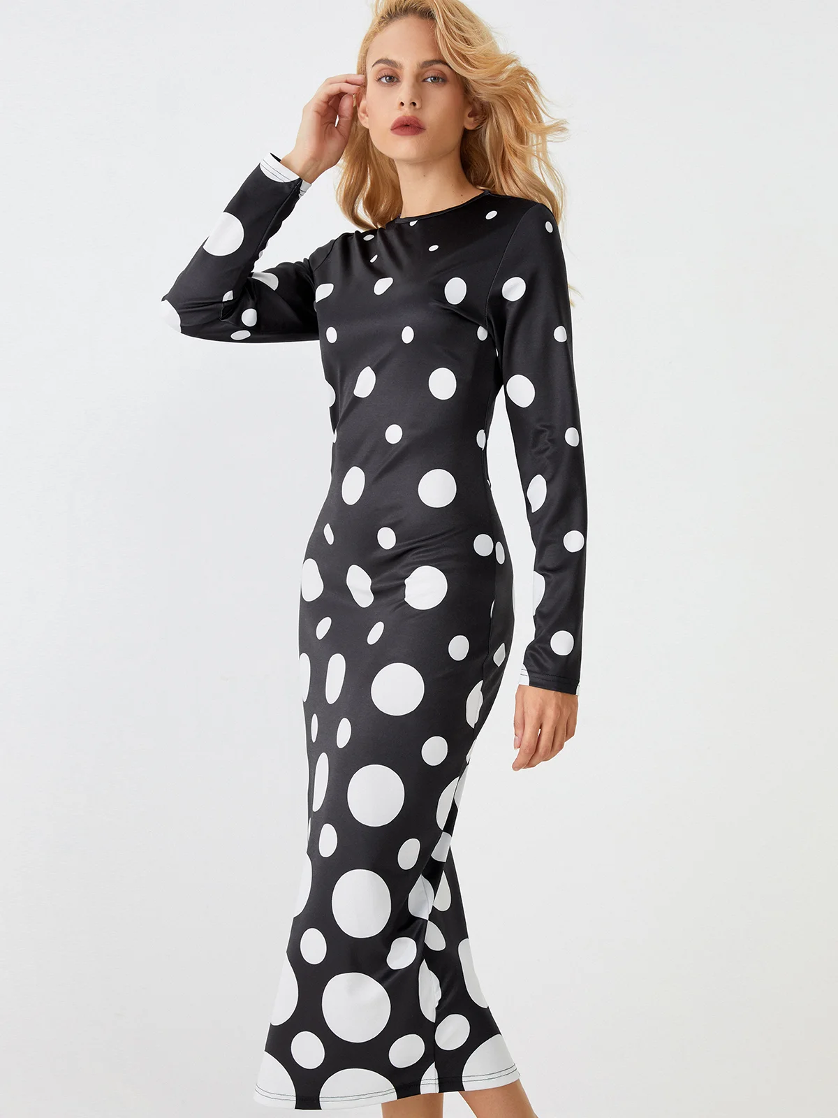 Polka Dots Herbst Elegant Täglich Langarm U-Boot-Ausschnitt S-Linie Regelmäßig Regelmäßig Größe Kleider für Damen