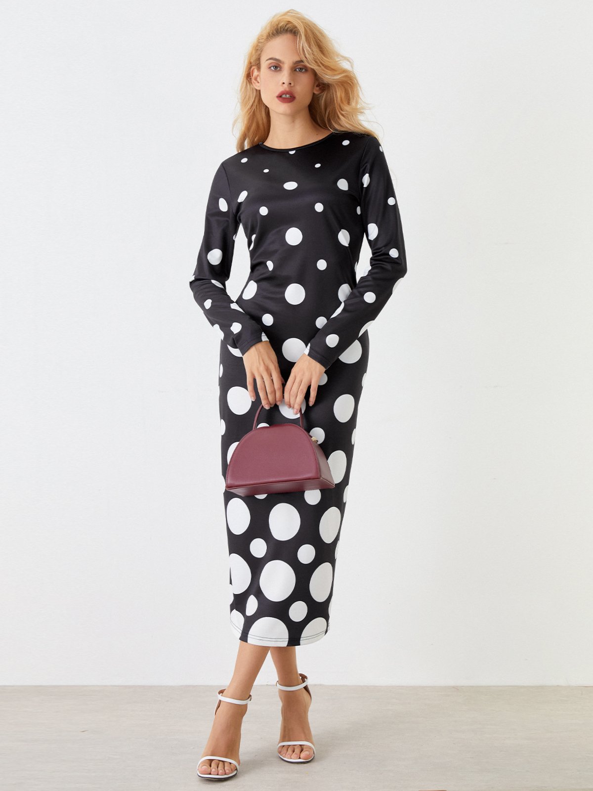 Polka Dots Herbst Elegant Täglich Langarm U-Boot-Ausschnitt S-Linie Regelmäßig Regelmäßig Größe Kleider für Damen