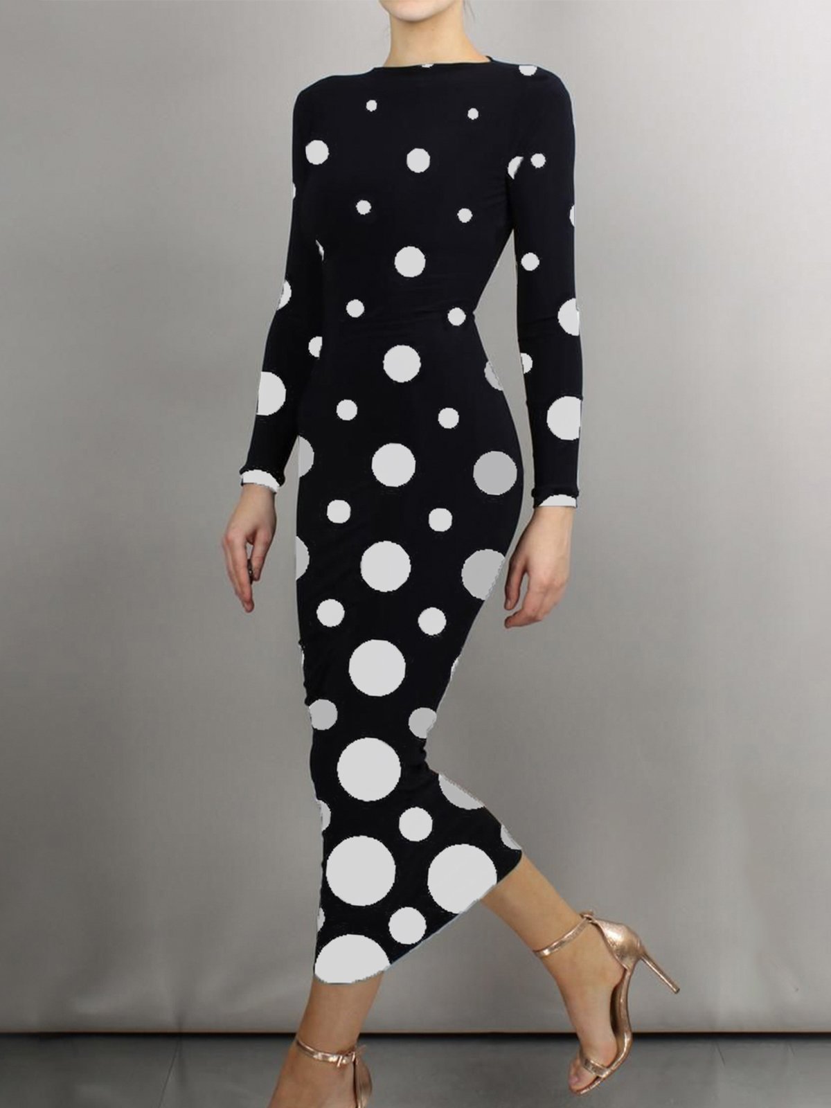 Polka Dots Herbst Elegant Täglich Langarm U-Boot-Ausschnitt S-Linie Regelmäßig Regelmäßig Größe Kleider für Damen