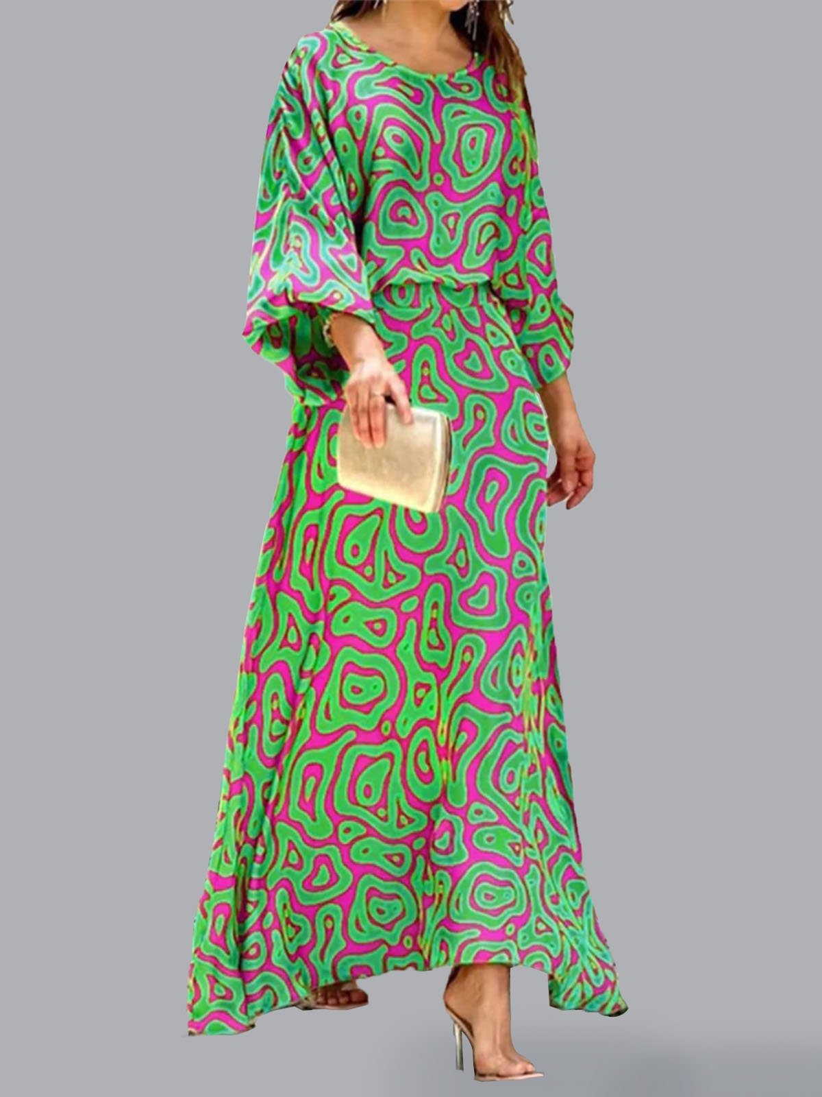 Grün Langarm Laternenärmel Regelmäßige Passform Urlaub Kleid