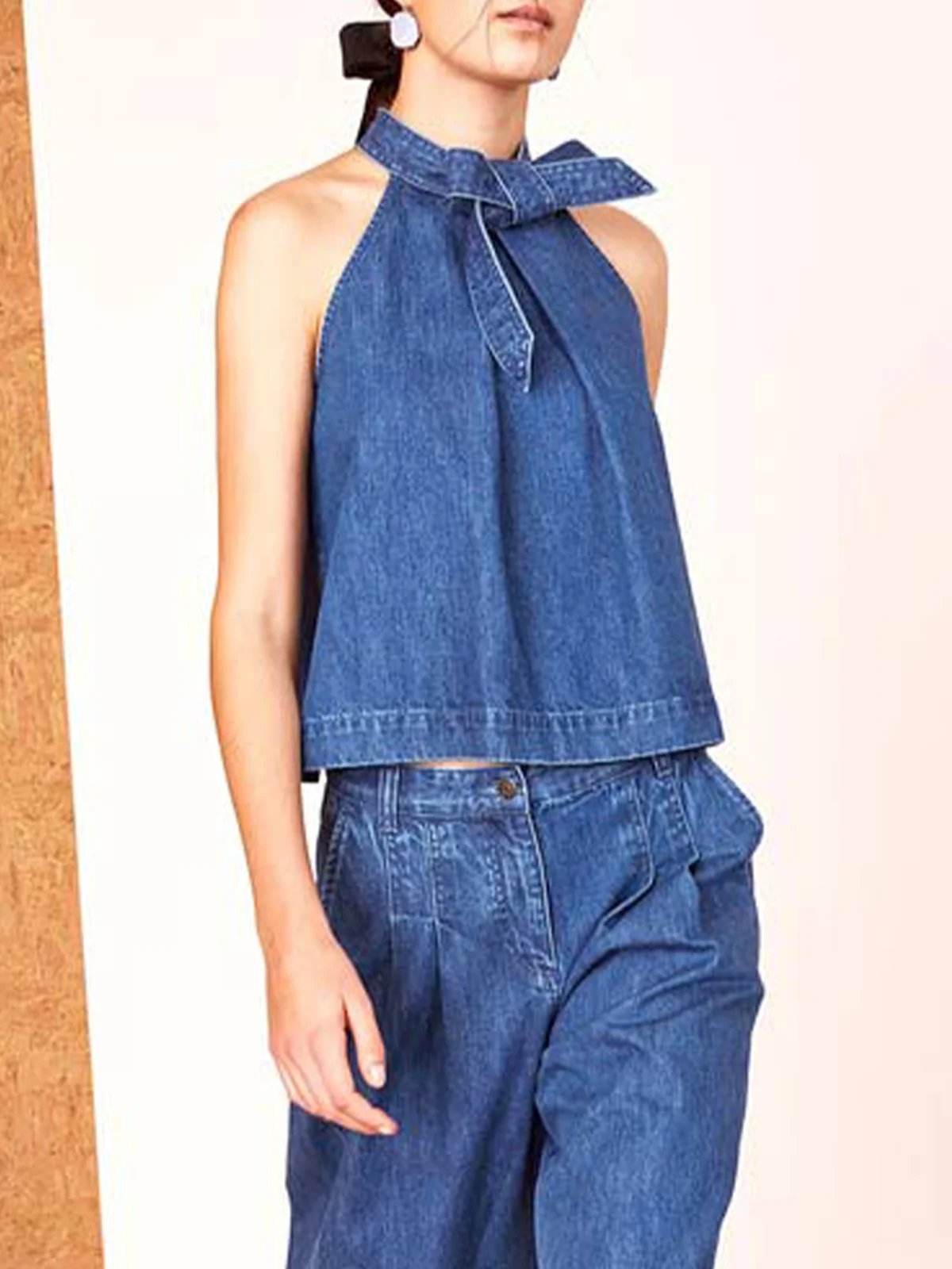 Denim Neckholder Weit Urban Unifarben Tanktop Oberteile