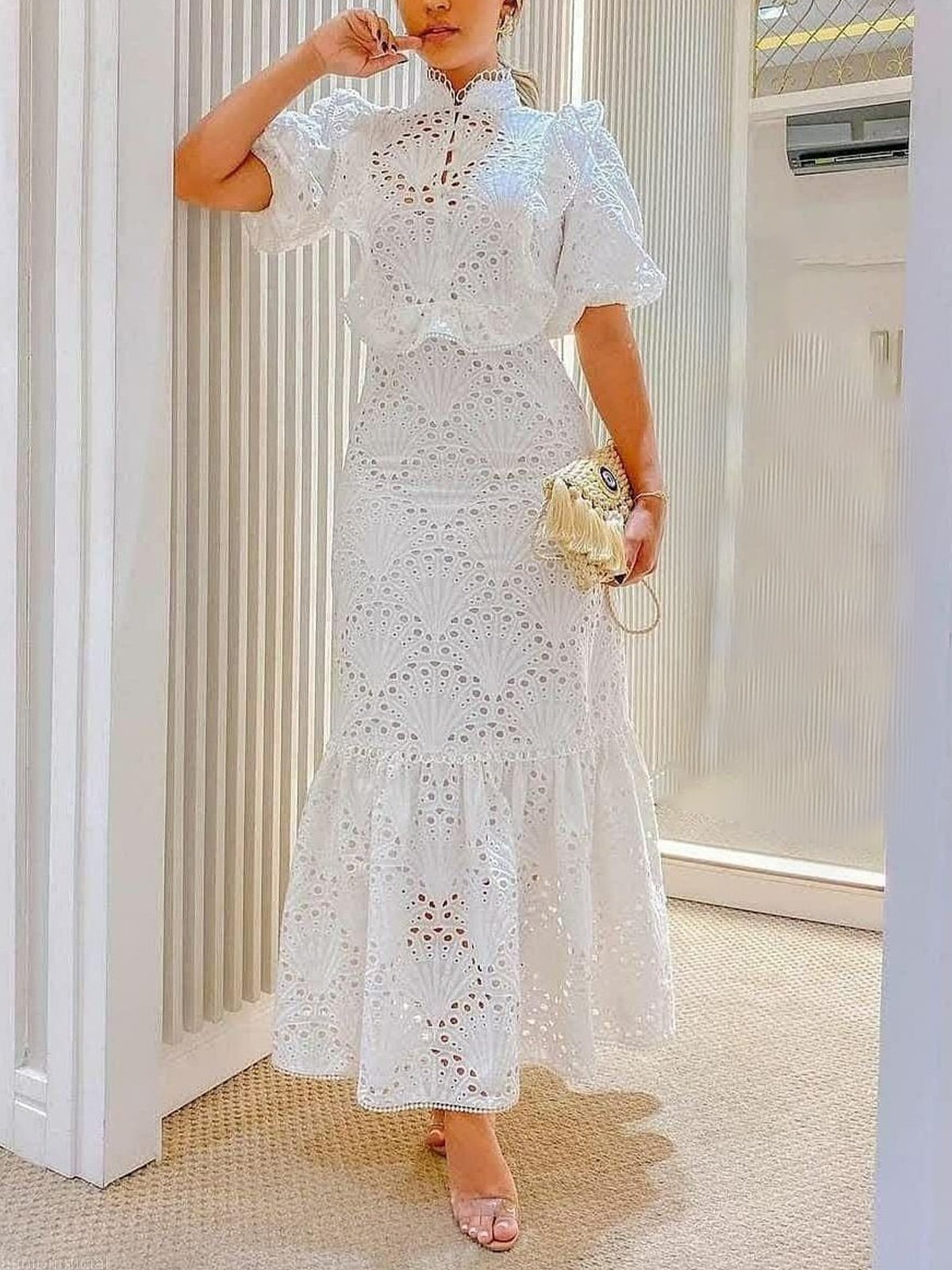 Unifarben Stehkragen Elegant Regelmäßige Passform Bluse