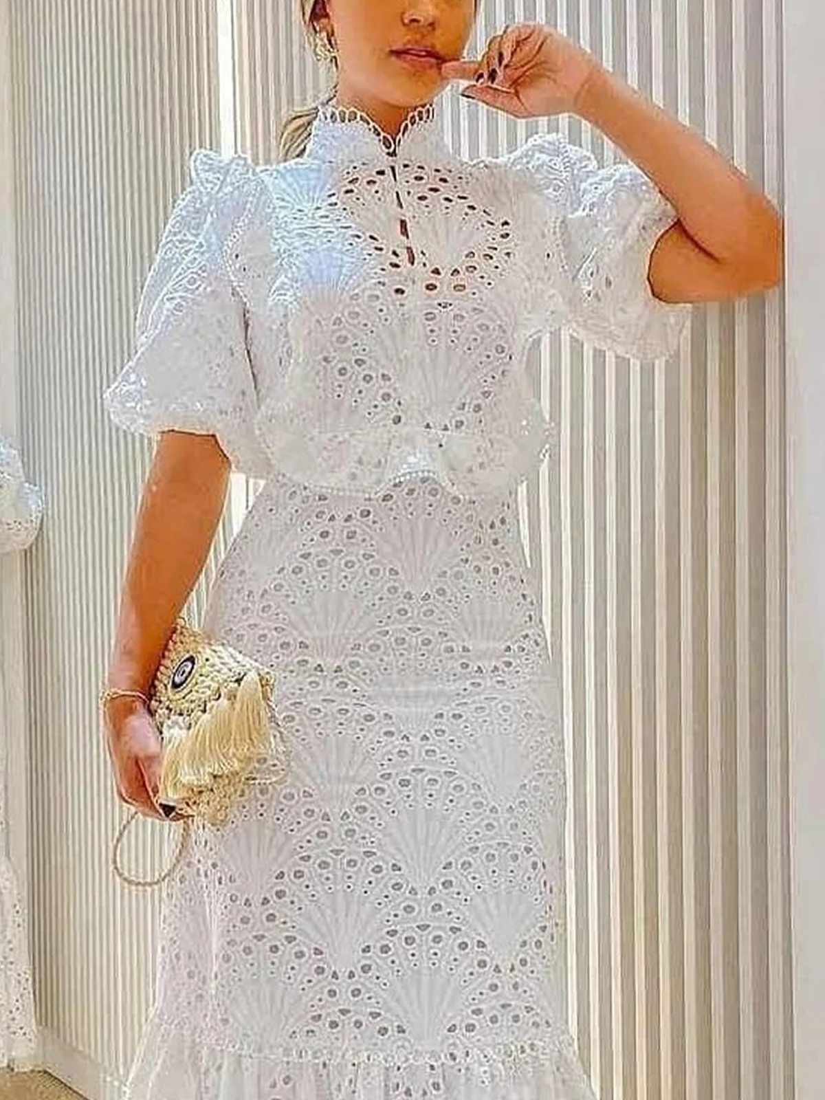 Unifarben Stehkragen Elegant Regelmäßige Passform Bluse