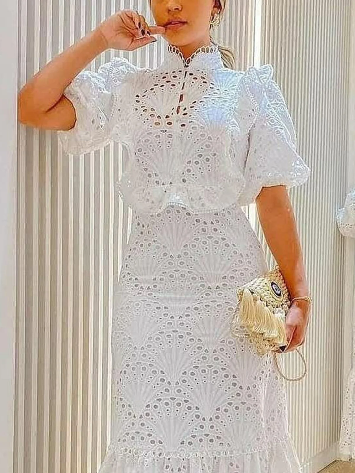 Unifarben Stehkragen Elegant Regelmäßige Passform Bluse