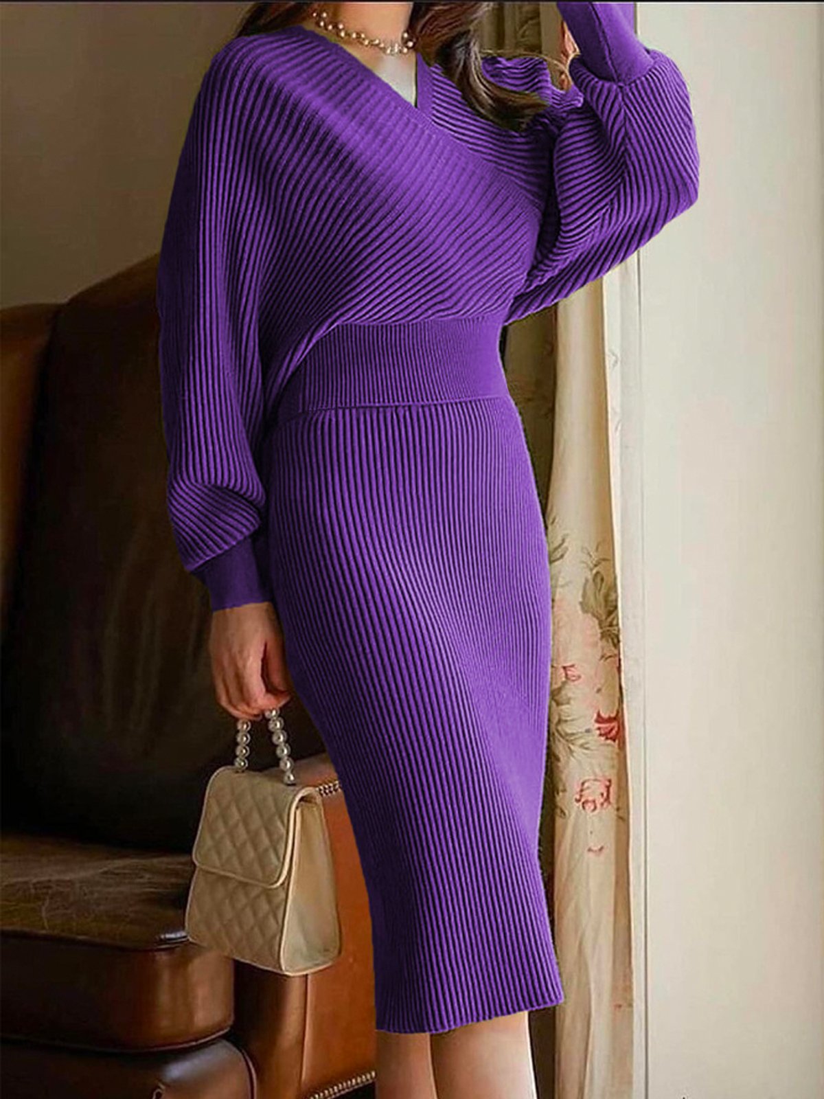 Elegant Regelmäßige Passform Unifarben Pullover Midikleid Mit Nein Gürtel