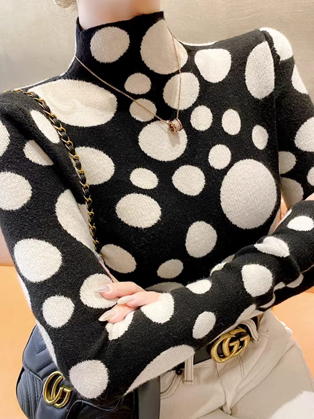 Hohe Elastizität Urban Rollkragen Langarm Fest Polka Dots Pullover