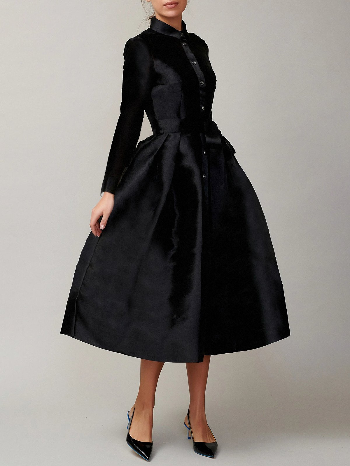 Hemdkragen Regelmäßige Passform Elegant Unifarben Kleid mit Gürtel