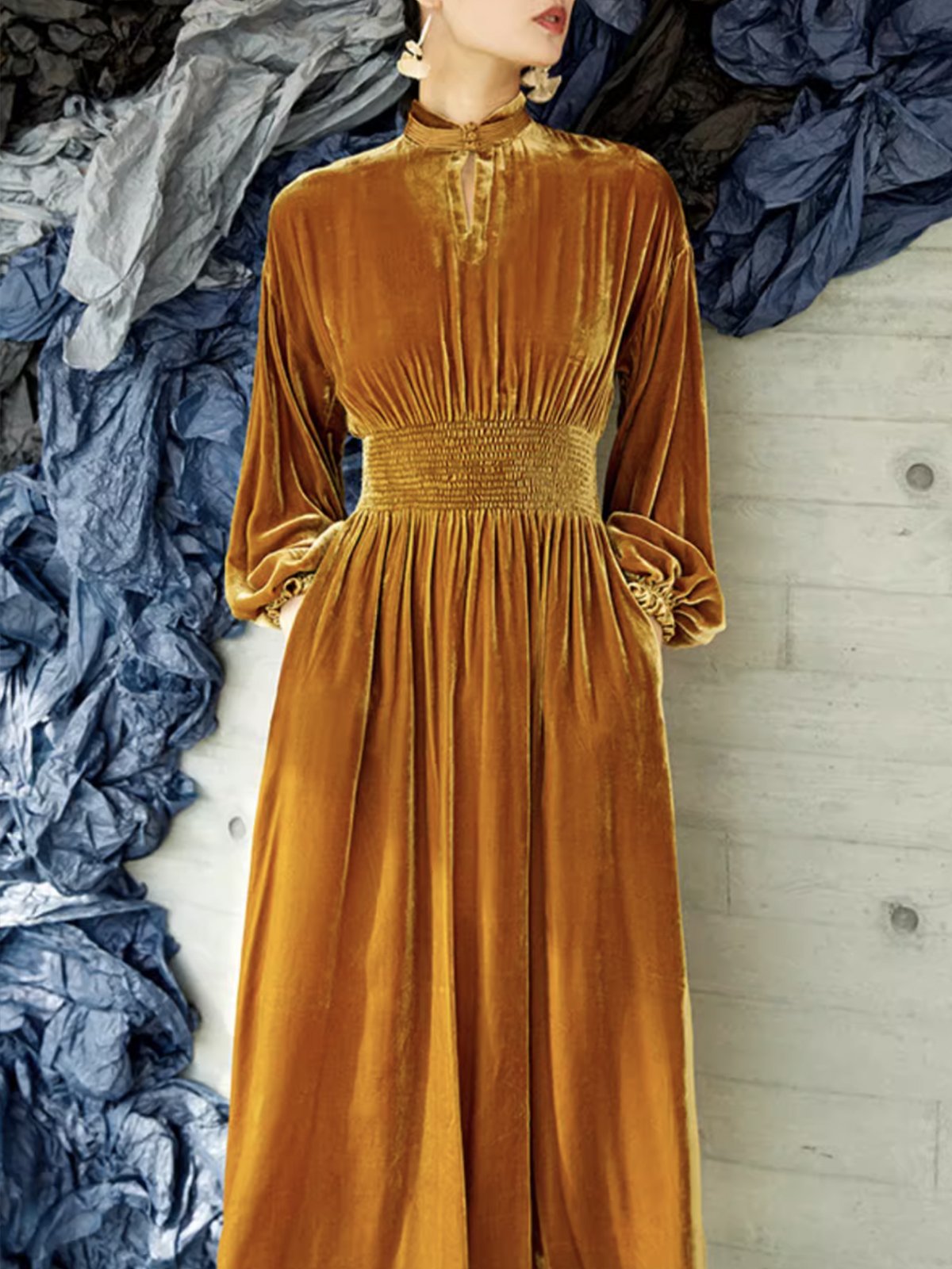 Langarm Laternenärmel Elegant Stehkragen Kleid