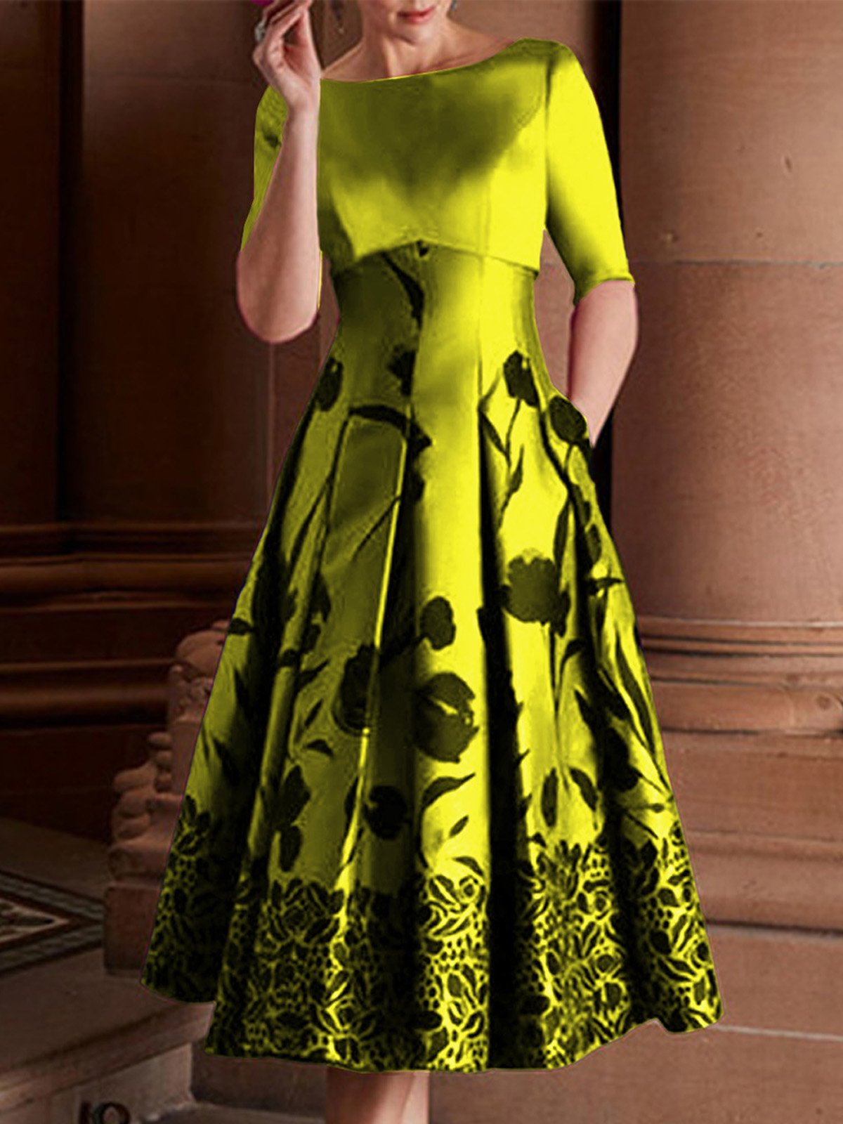Elegant Regelmäßige Passform Geblümt Kleid