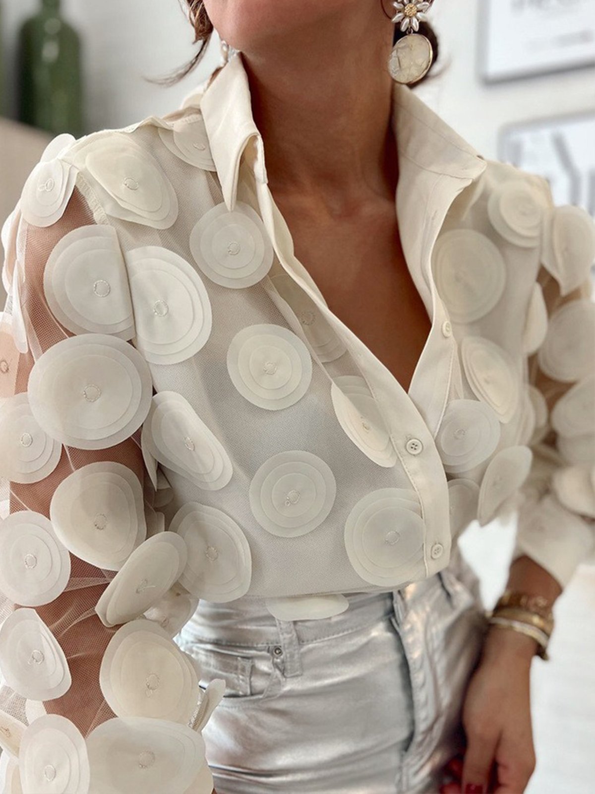 Hemdkragen Urban Unifarben 3D Geblümt  Regelmäßige Passform Bluse