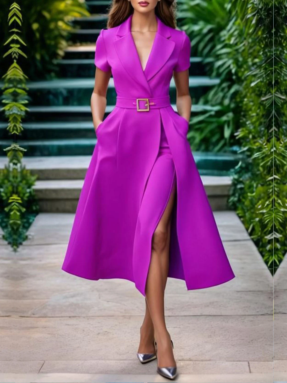 Elegant Unifarben Reverskragen Kurzarm Kleid mit Gürtel
