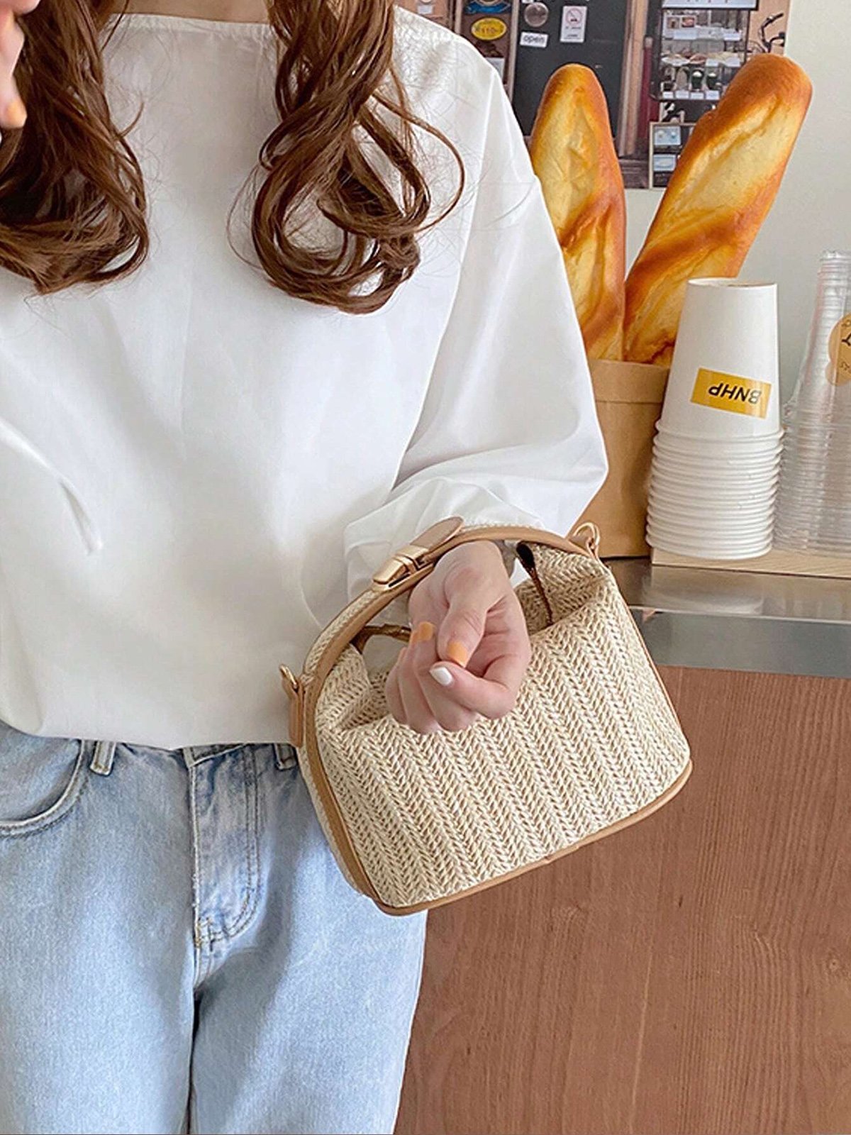 minimalistisch Mini Stroh Tasche Urlaub Handtasche Mit Umhängetasche Gurt