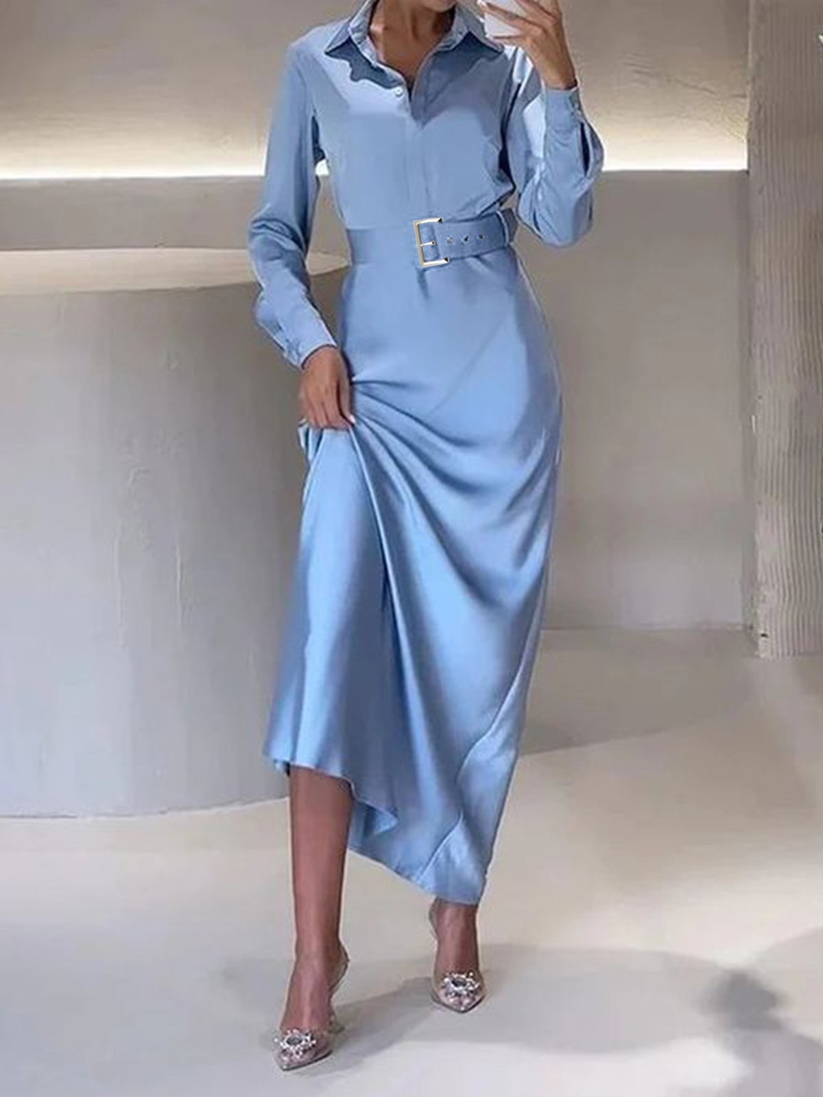 Unifarben Satin Hemdkragen Urban Kleid mit Gürtel